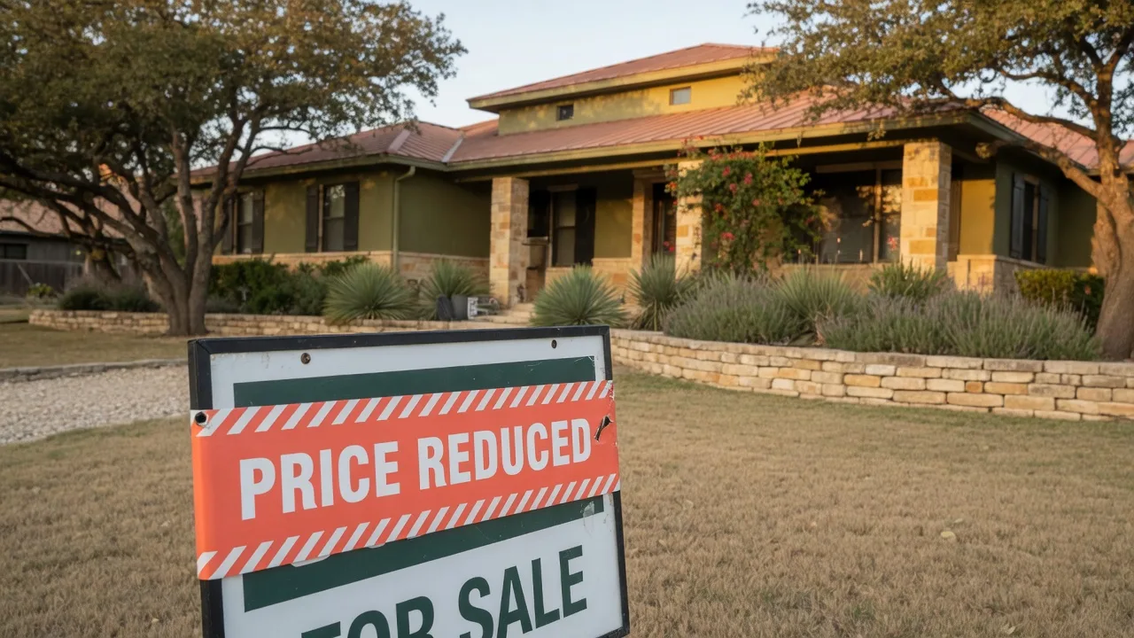 A For Sale sign with a price reduction banner in front of a Texas Hill Country home, representing the costly consequences of overpricing an estate property