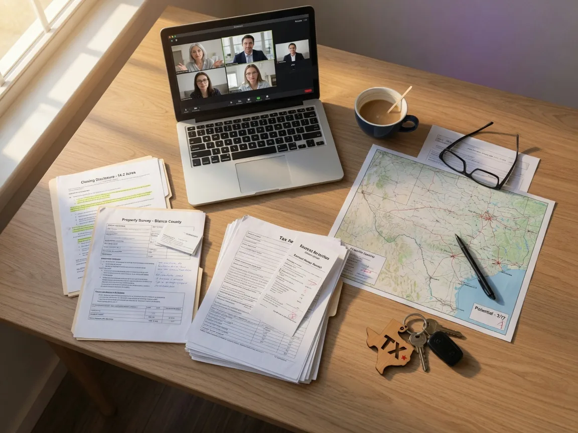 A laptop showing a video call alongside estate documents, a calculator, and house keys on a desk, representing remote estate management by an out-of-state executor
