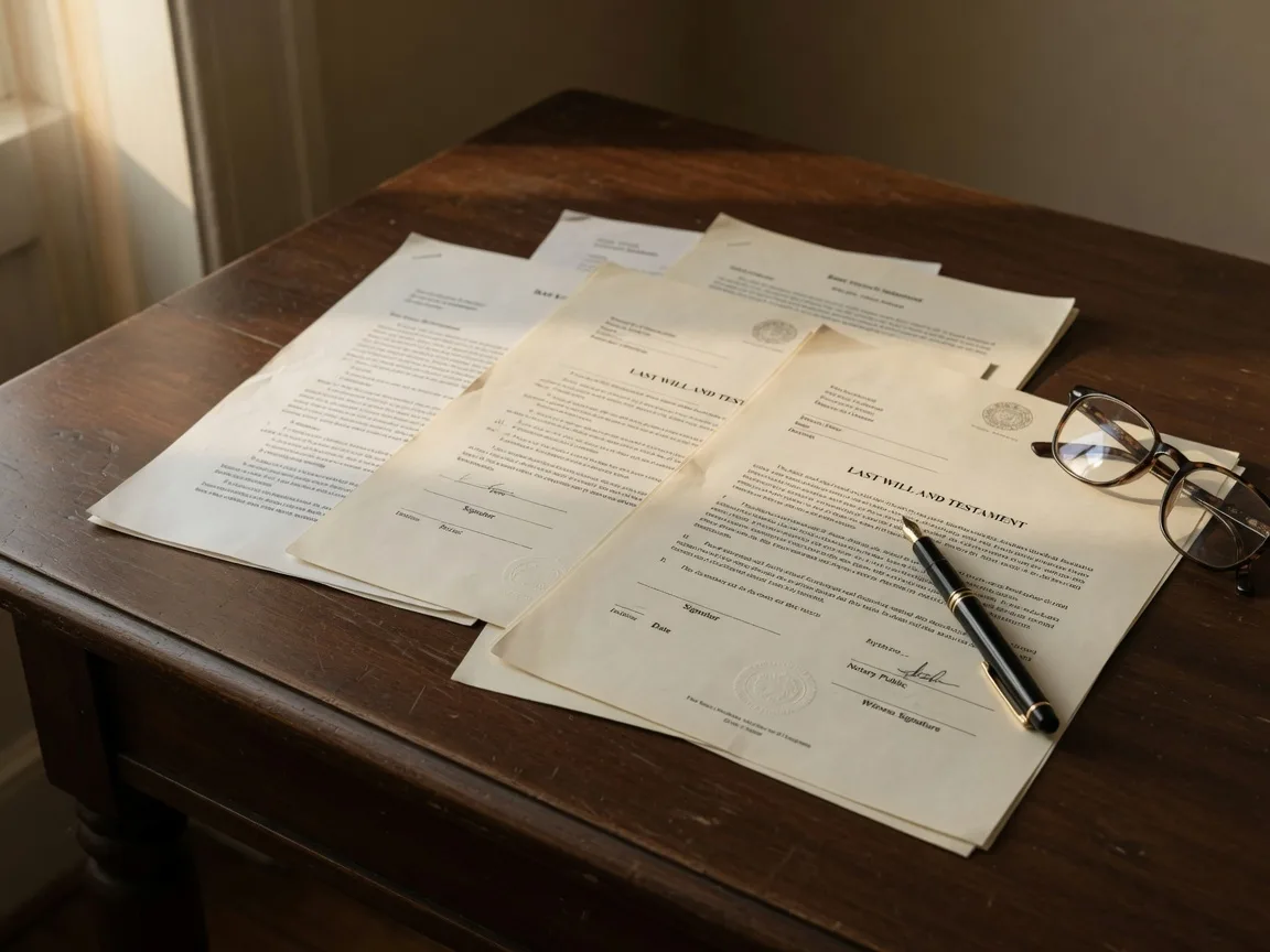 A last will and testament document and legal papers spread across a dark wooden desk, with a fountain pen and reading glasses at the edge, representing estate planning documents and probate paperwork that can create title issues when missing or defective