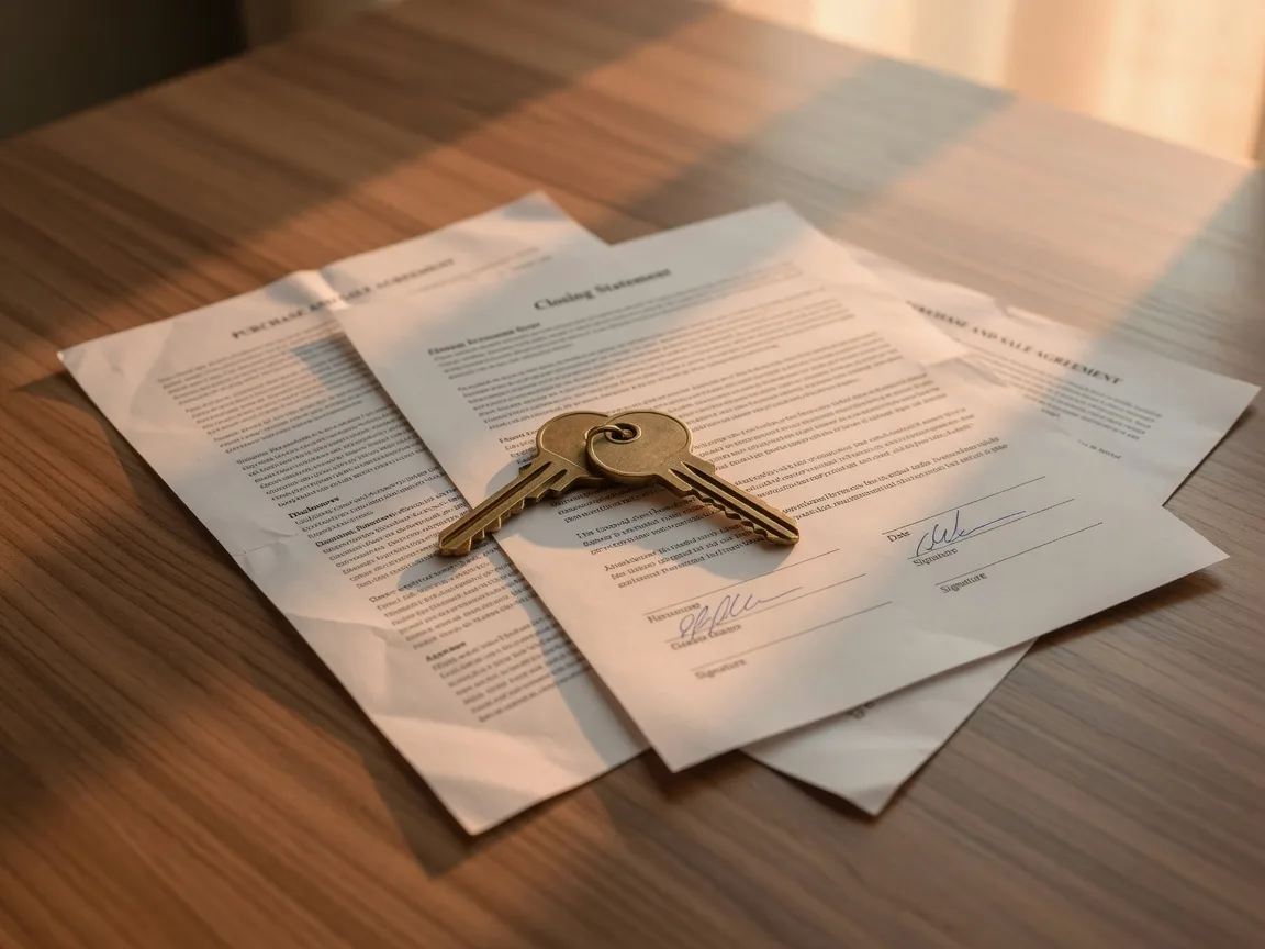 A brass house key resting on top of a real estate closing document and folded contract on a polished wooden table, representing real estate transactions in progress and the executory contracts that can complicate title in a probate sale