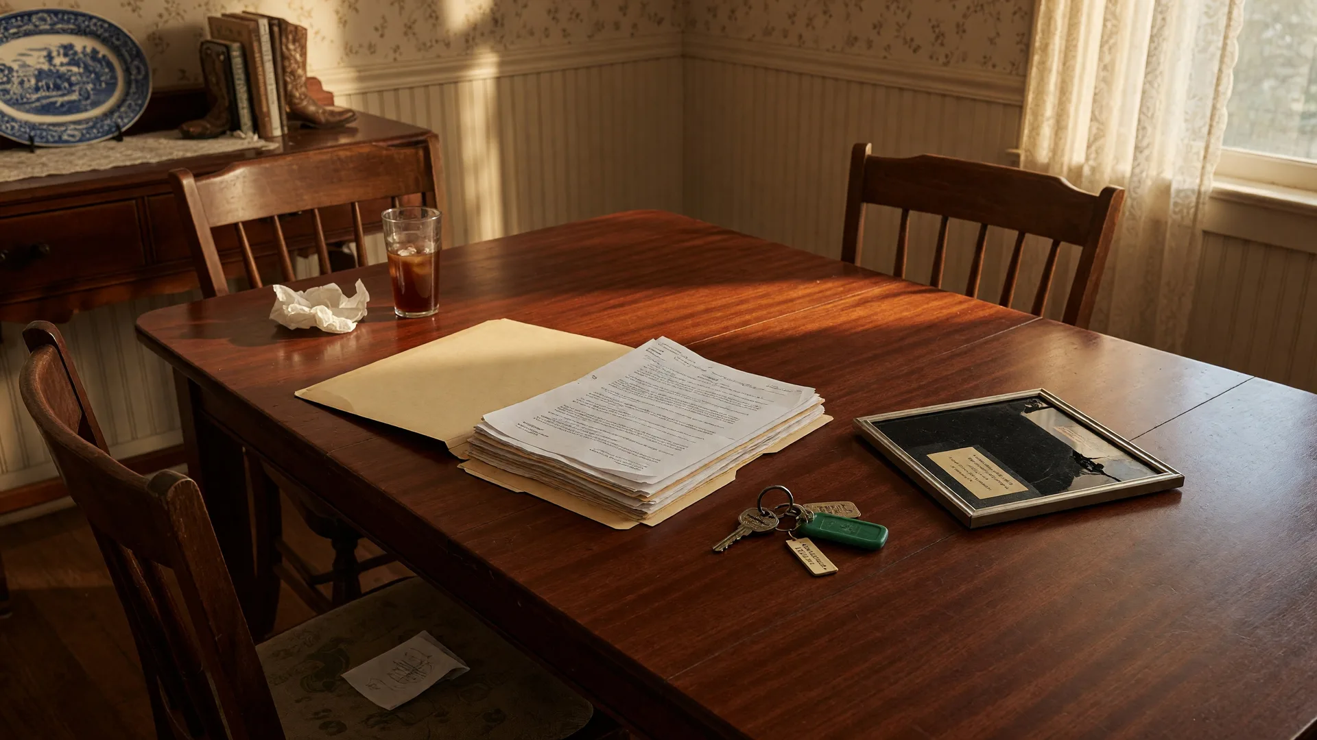 A mahogany dining table with legal documents, a brass house key, and a face-down family photograph — two empty chairs on opposite sides suggesting a tense conversation about inherited property