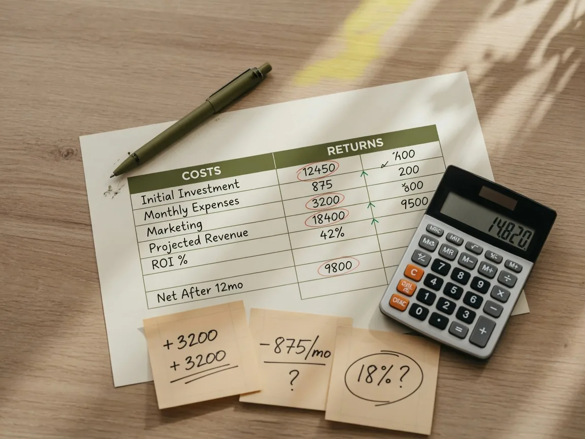 A financial comparison worksheet with a calculator and pen on a wooden desk, showing cost-versus-return analysis for home improvement decisions