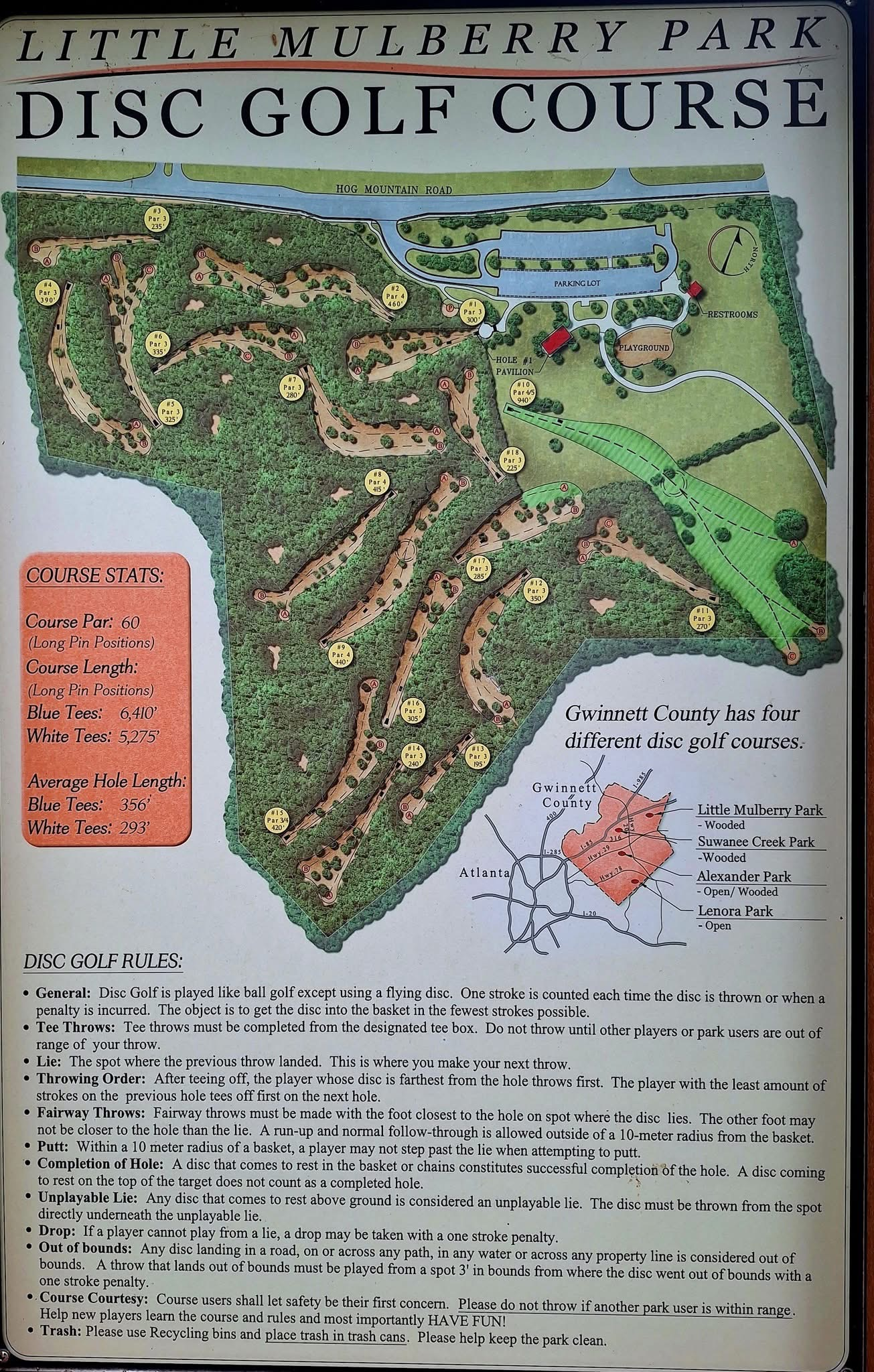 Map of Little Mulberry Park disc golf course near Braselton Georgia showing 18-hole layout