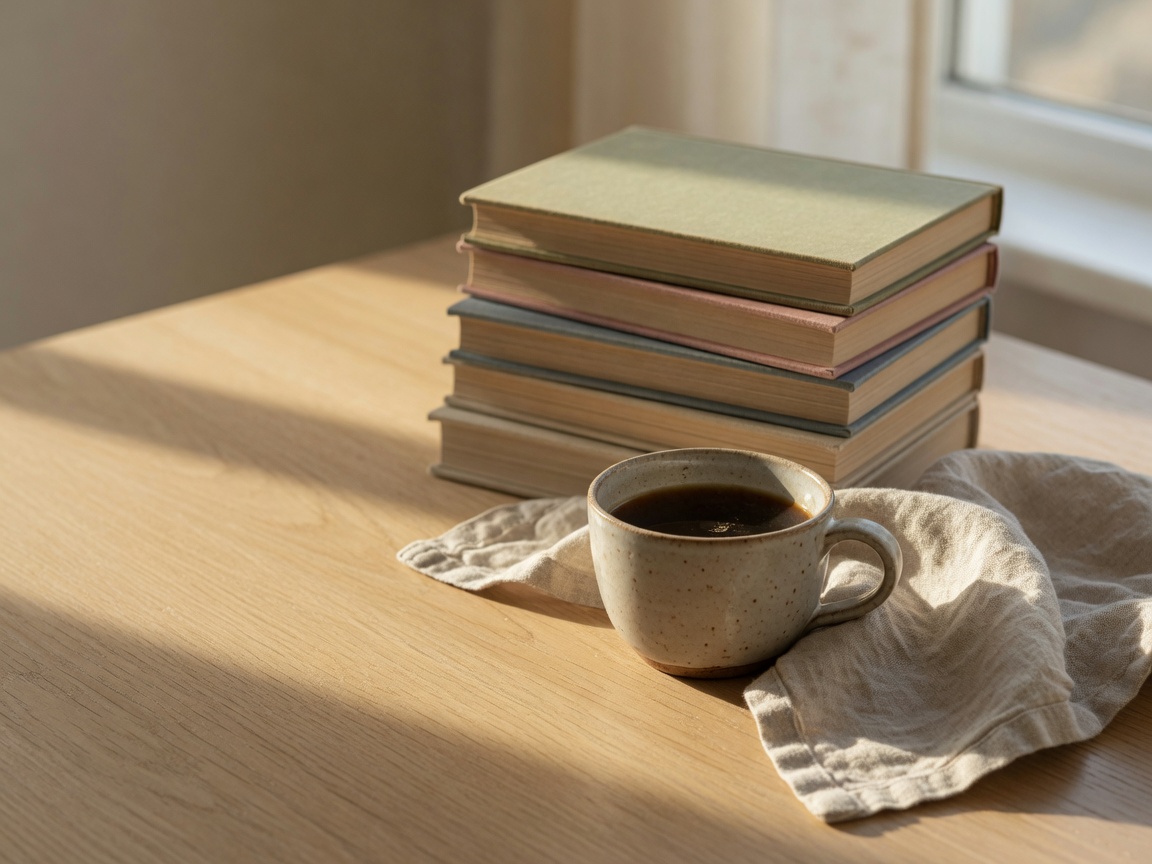 A calm still life of books and coffee, evoking simplicity and mindful living