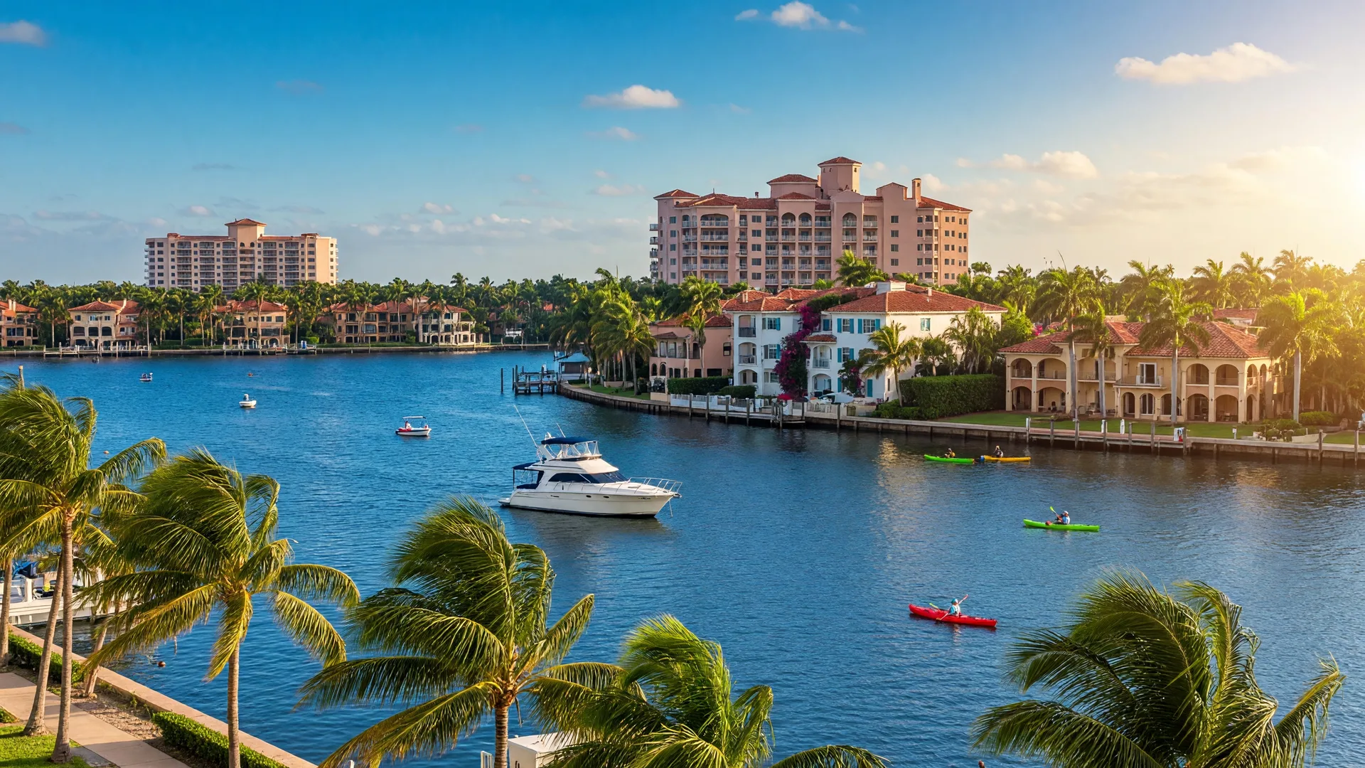 Lake Boca Raton waterfront view with boats, palm trees, and Mediterranean-style buildings on a sunny morning