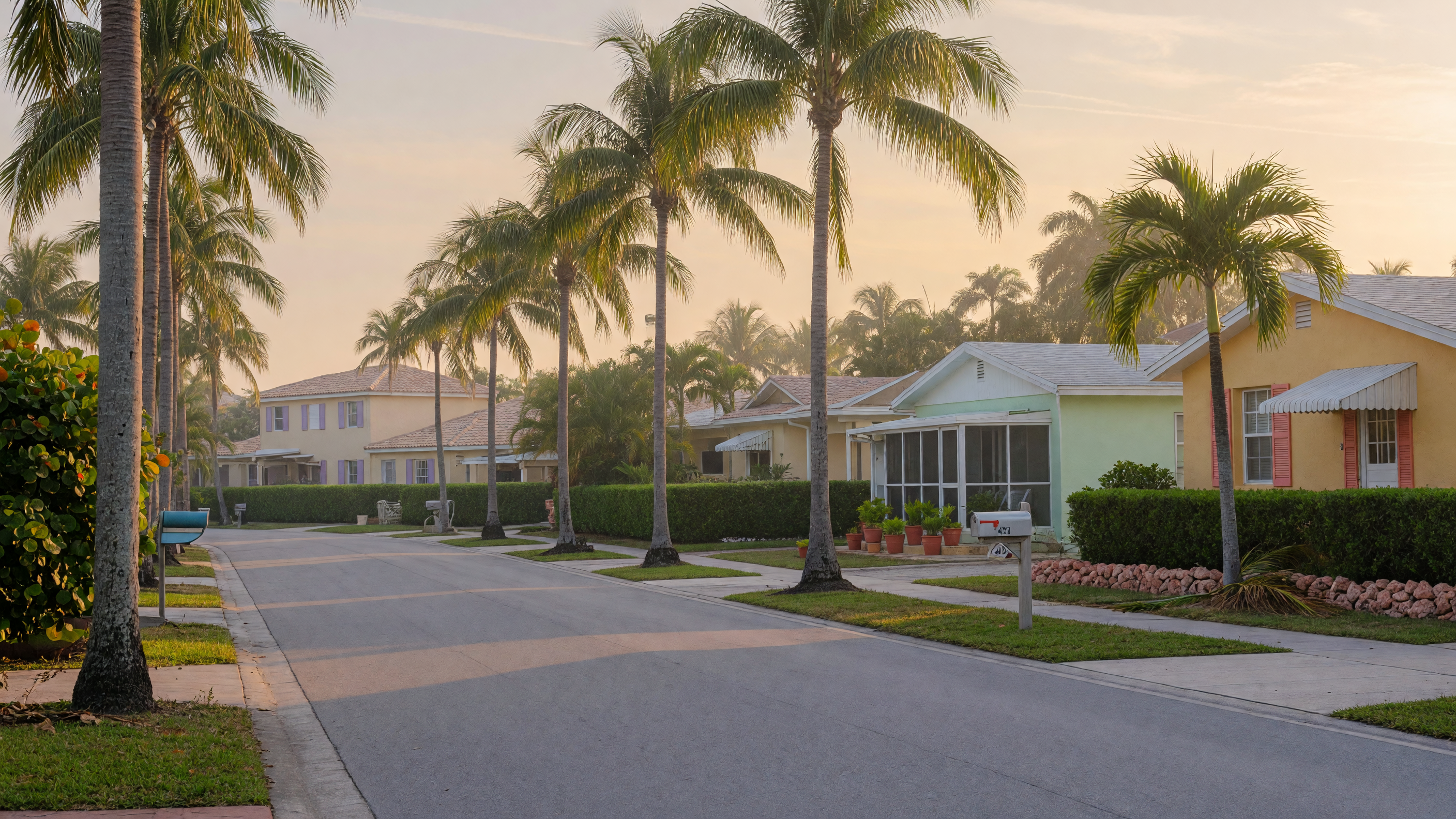 A quiet palm-lined South Florida street in soft morning light, representing the relaxed lifestyle of empty nesters in the region