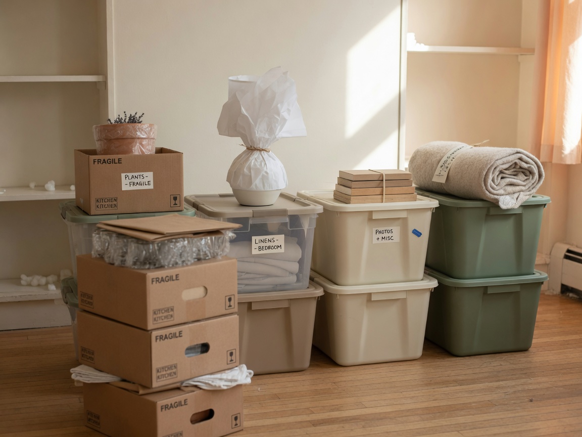 Neatly organized moving boxes and wrapped items in a bright room, representing calm preparation