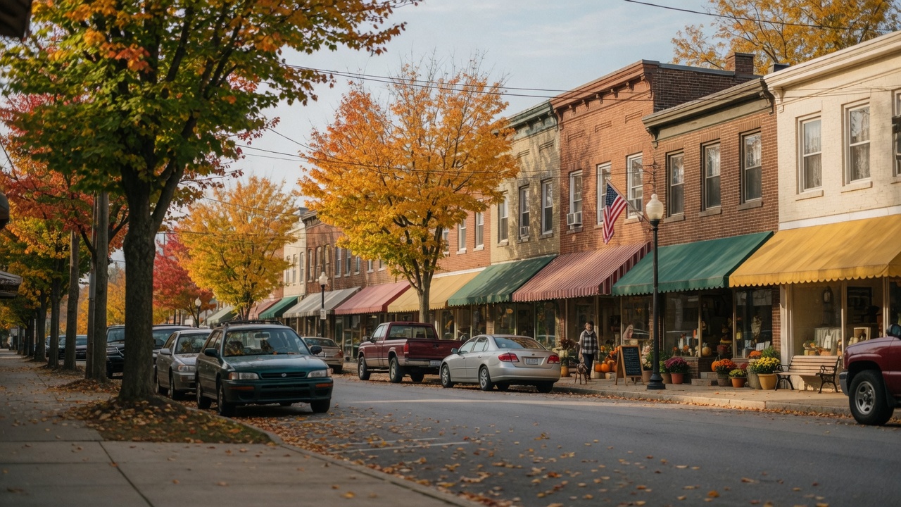 Suburban Pennsylvania neighborhood with green lawns, mature trees, and well-maintained homes under blue sky