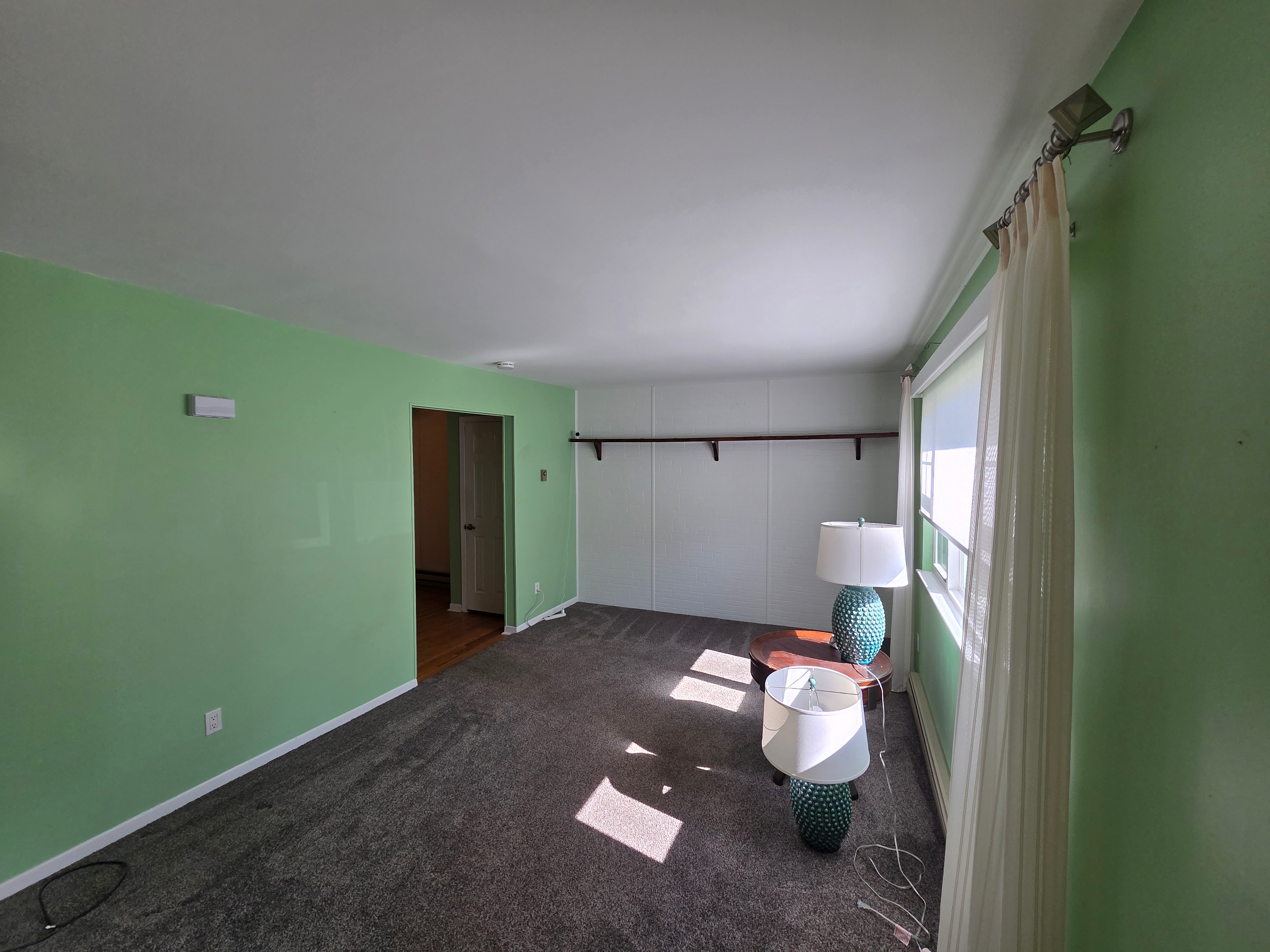 Living room with mint green walls, grey carpeting, and daylight from side window