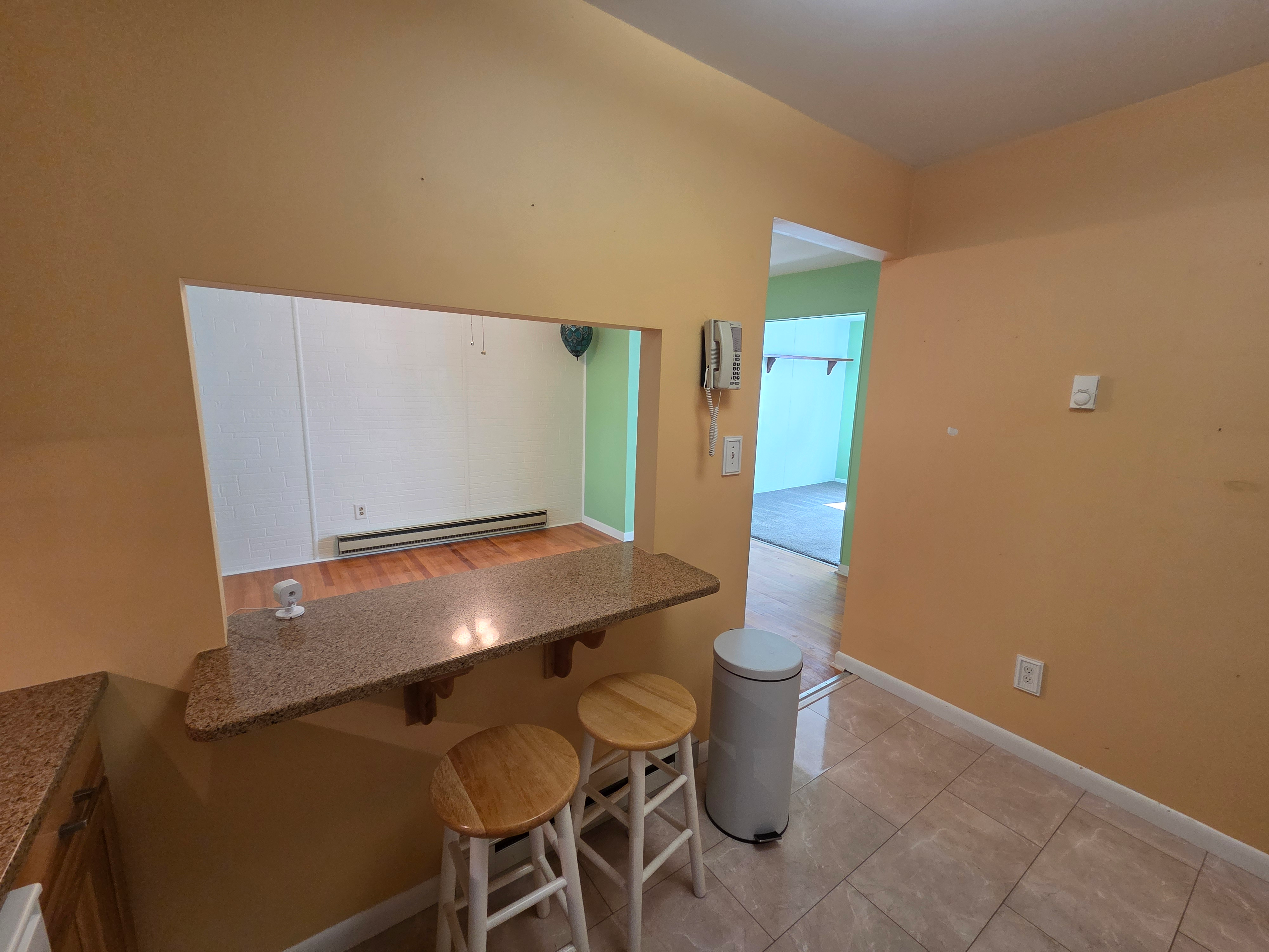 Kitchen pass-through opening to adjacent living area with granite breakfast bar
