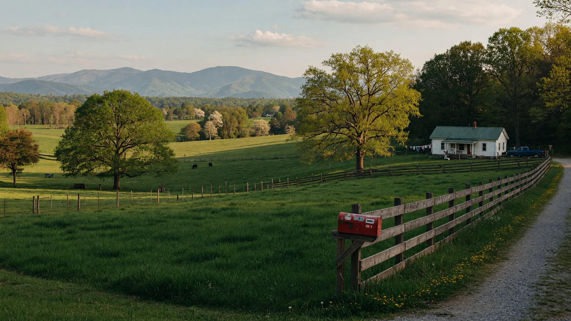 Rolling pastures and wooded acreage with the Smoky Mountains on the horizon in East Tennessee