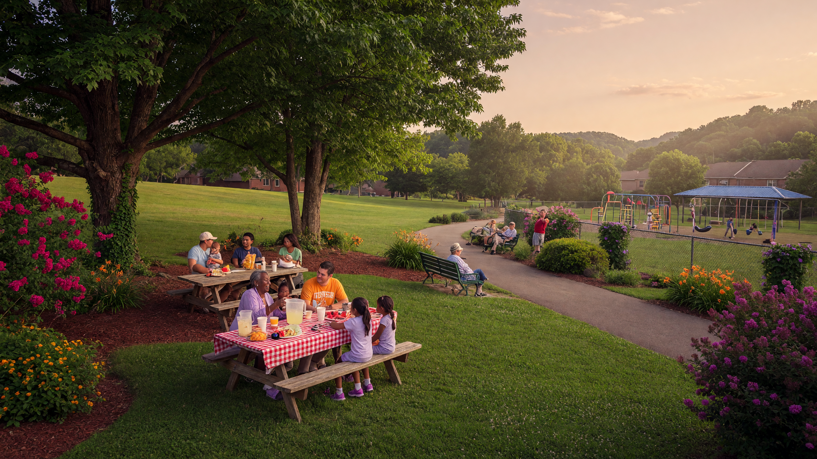 Scenic park trail in Knoxville, Tennessee surrounded by mature trees