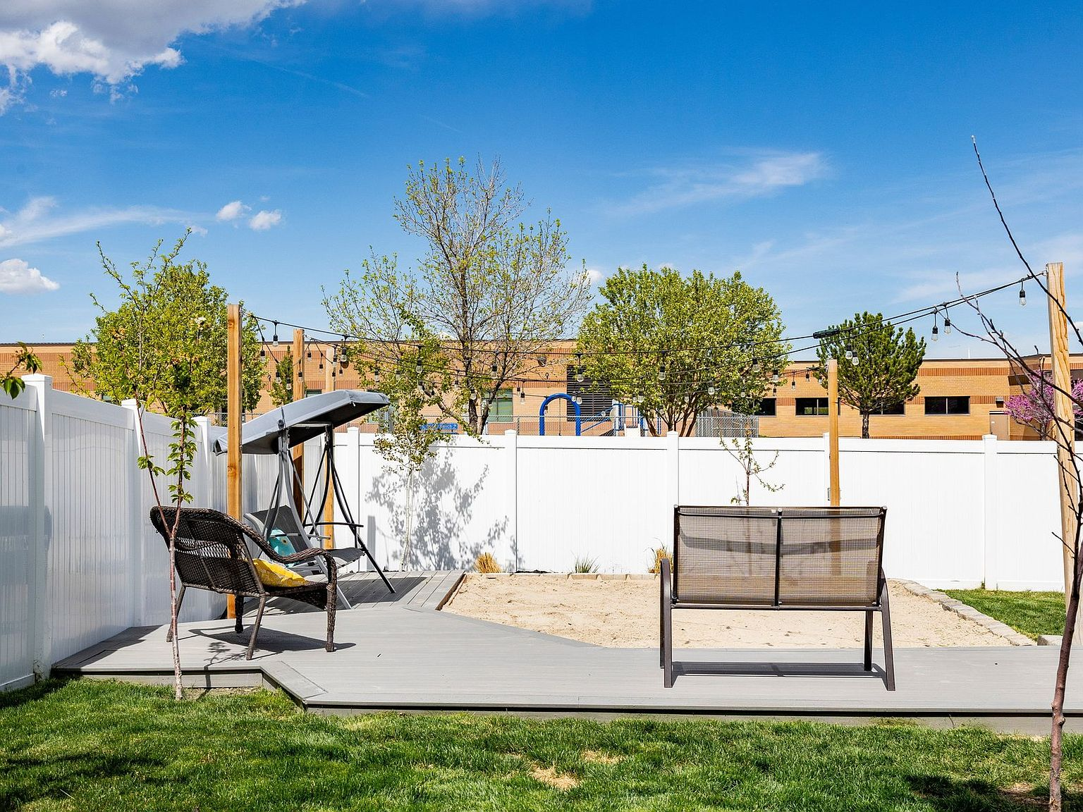 Elevated composite deck area with string lights