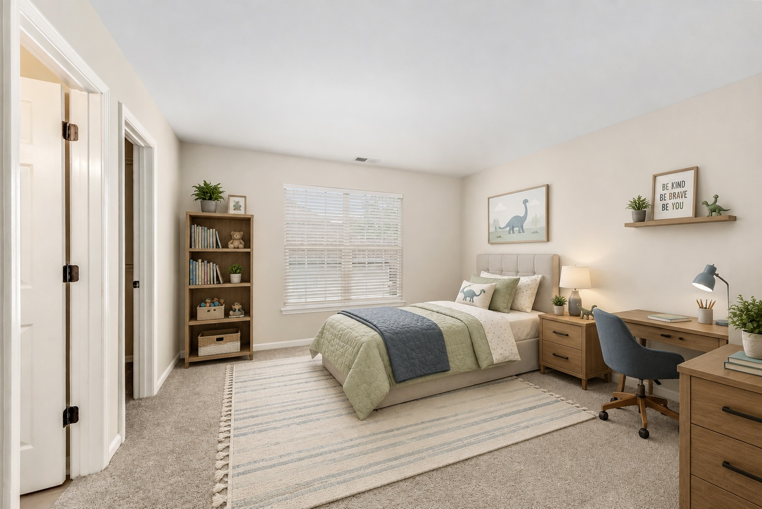 Furnished youth bedroom with transitional style and soft interior lighting