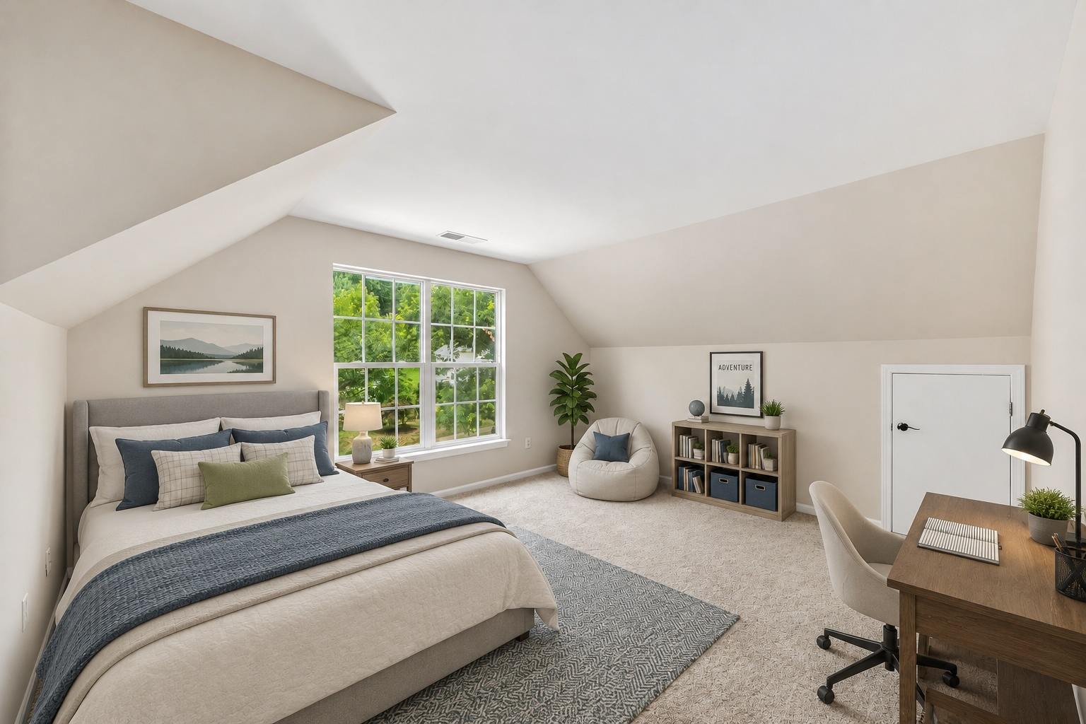 Furnished secondary bedroom with vaulted ceiling and natural daylight