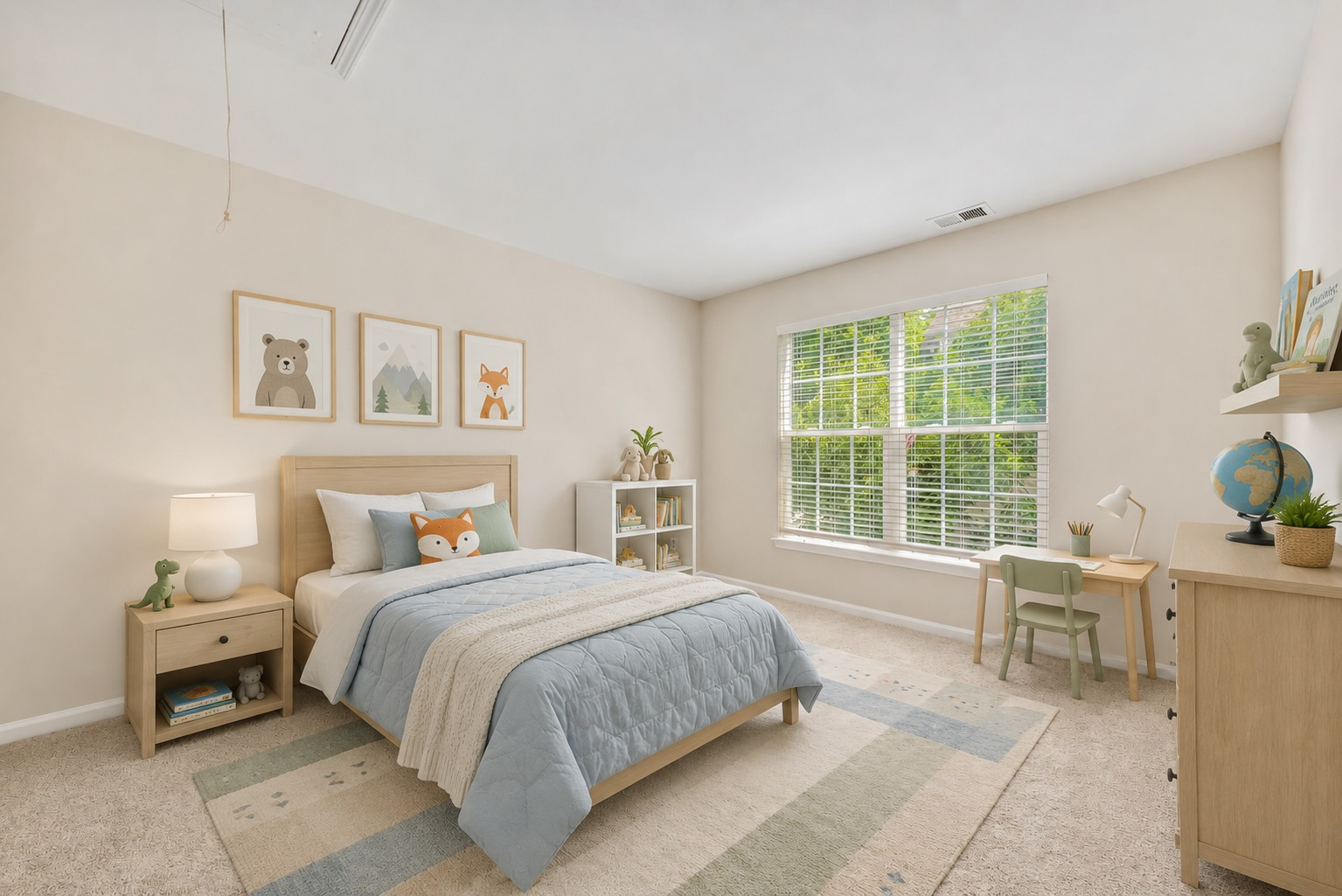 Furnished secondary bedroom with transitional aesthetic and natural daylight