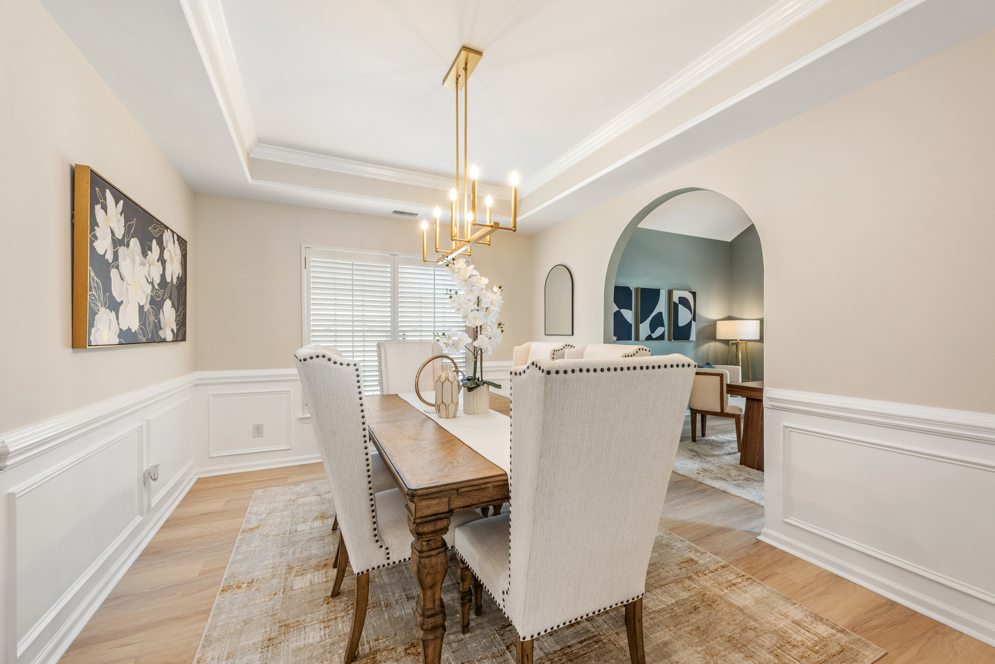 Transitional dining room with white wainscoting and tray ceiling