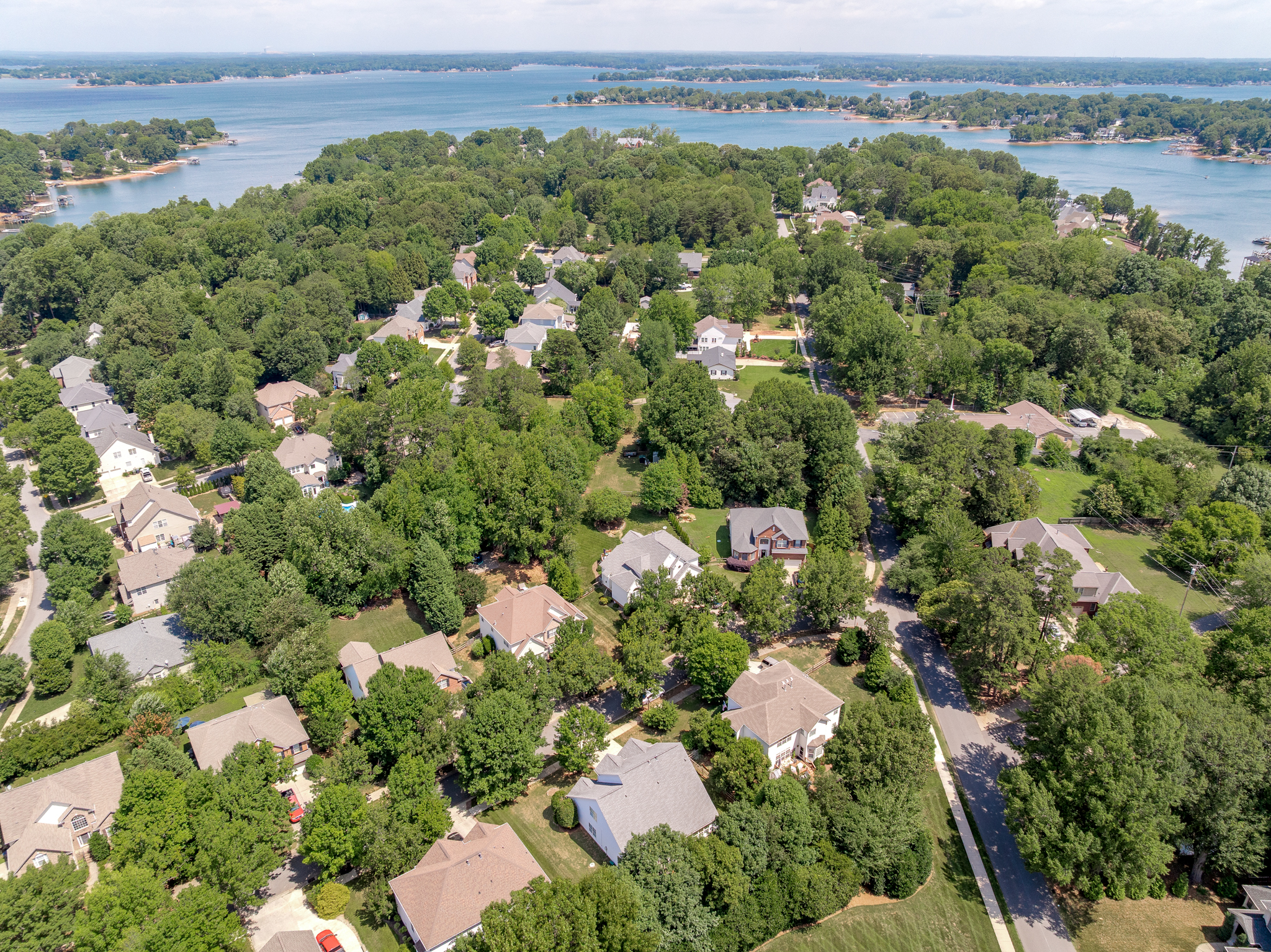 Aerial view looking over the community toward Lake Norman waters