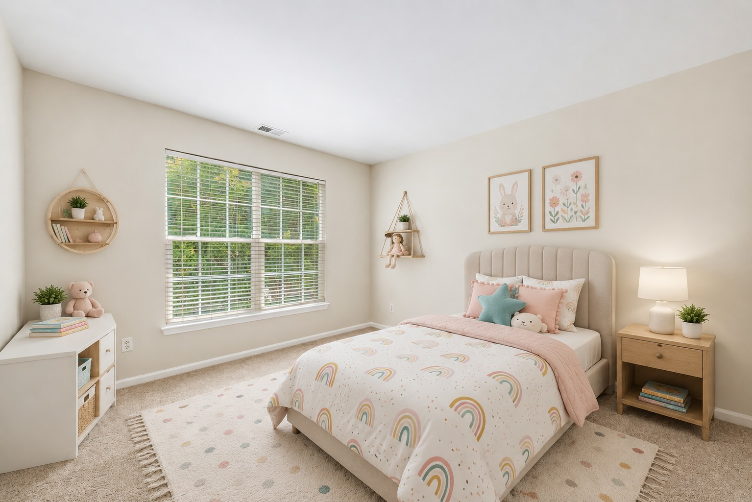 Furnished secondary bedroom with colorful accents and natural daylight