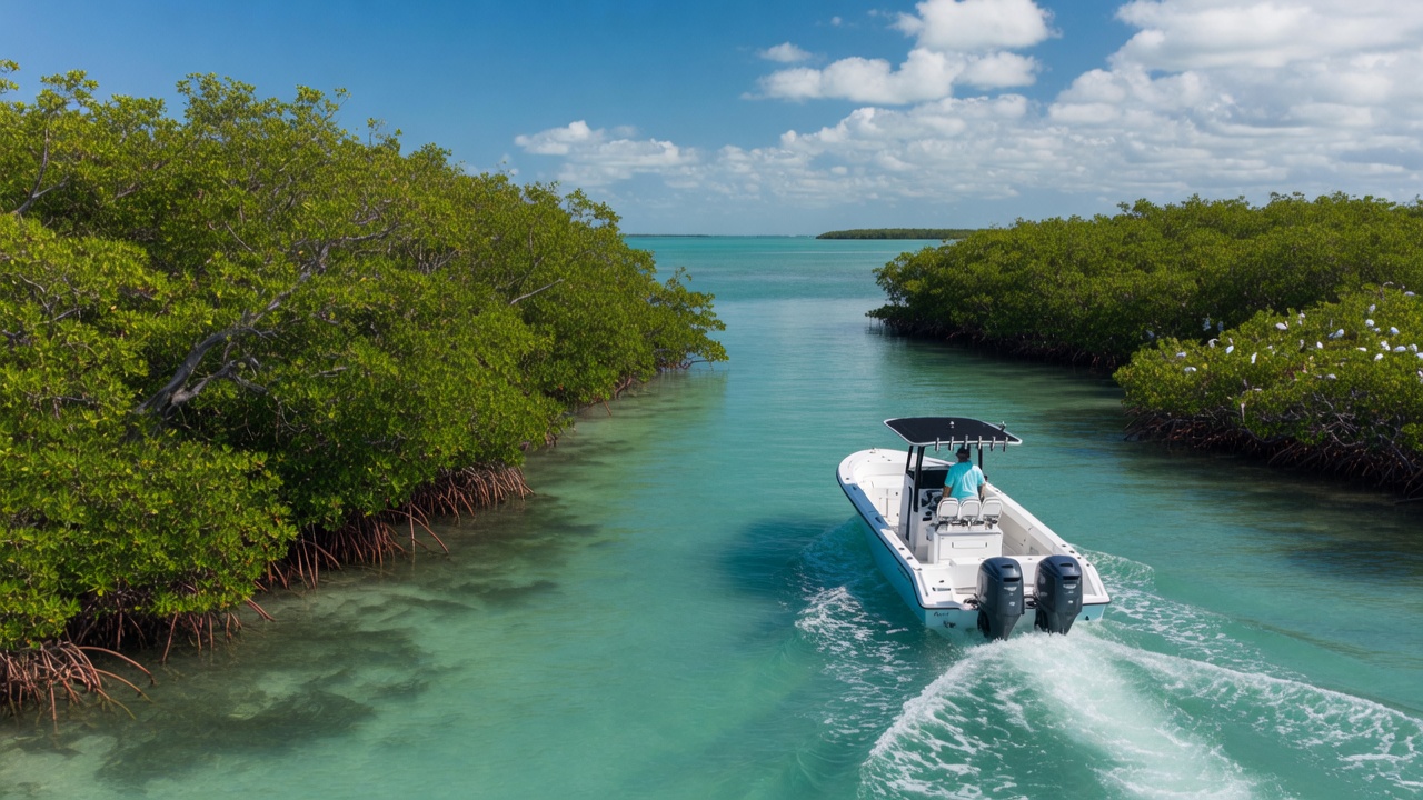 Boat cruising through a mangrove-lined channel in the Florida Keys on a bright sunny day