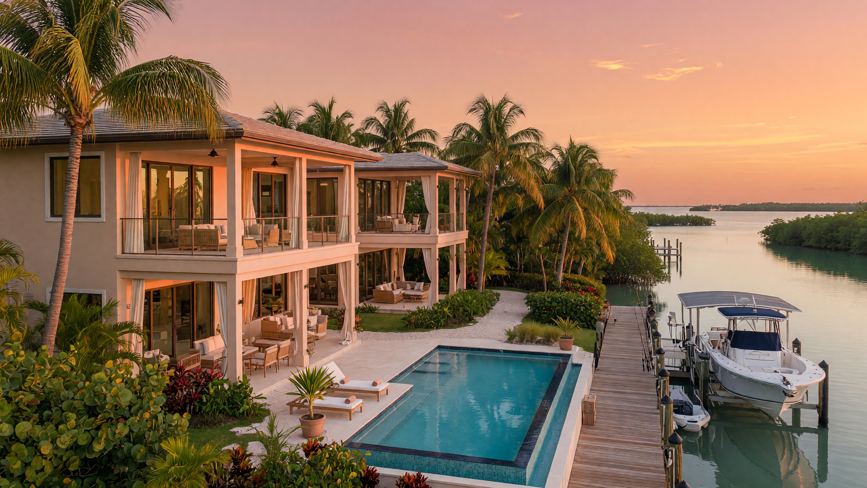 Aerial view of the Florida Keys islands at sunset