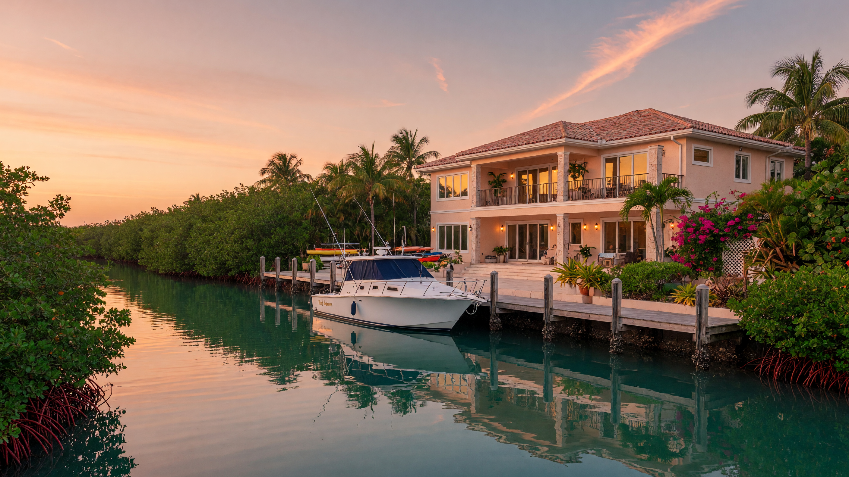 Luxury waterfront home on a Florida Keys canal with deep-water dock and boat at golden hour
