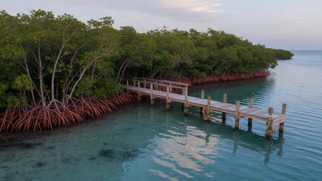 Mangrove-lined shoreline in the Florida Keys with a dock extending into calm turquoise water