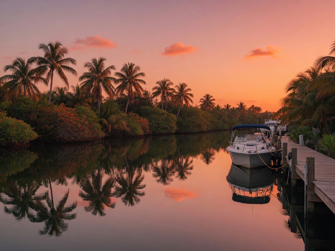 Florida Keys canal at sunset with dock, boat, and palm trees reflected in calm water in Key Largo