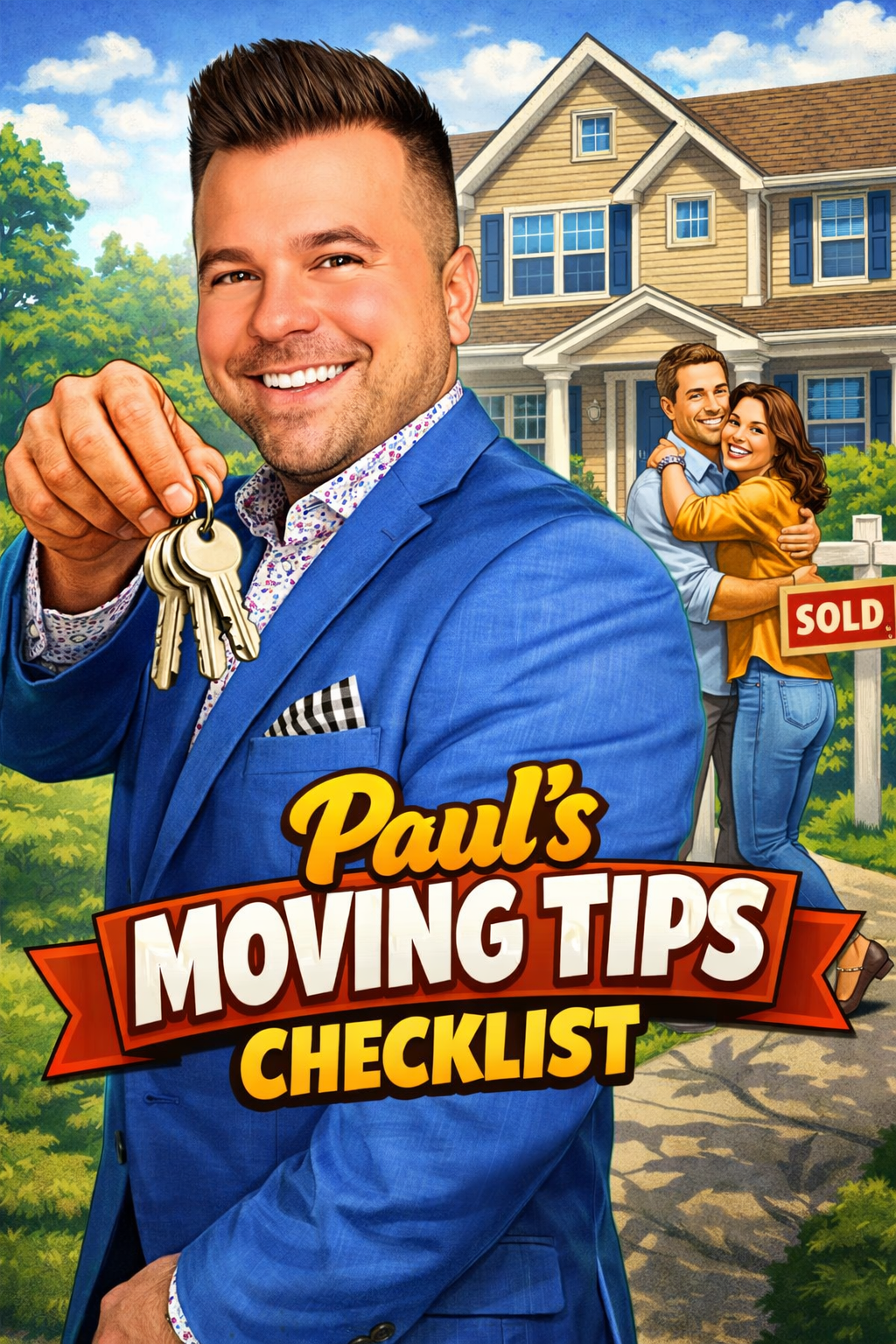 Illustrated graphic of Paul Dojcinovic with house keys and happy couple