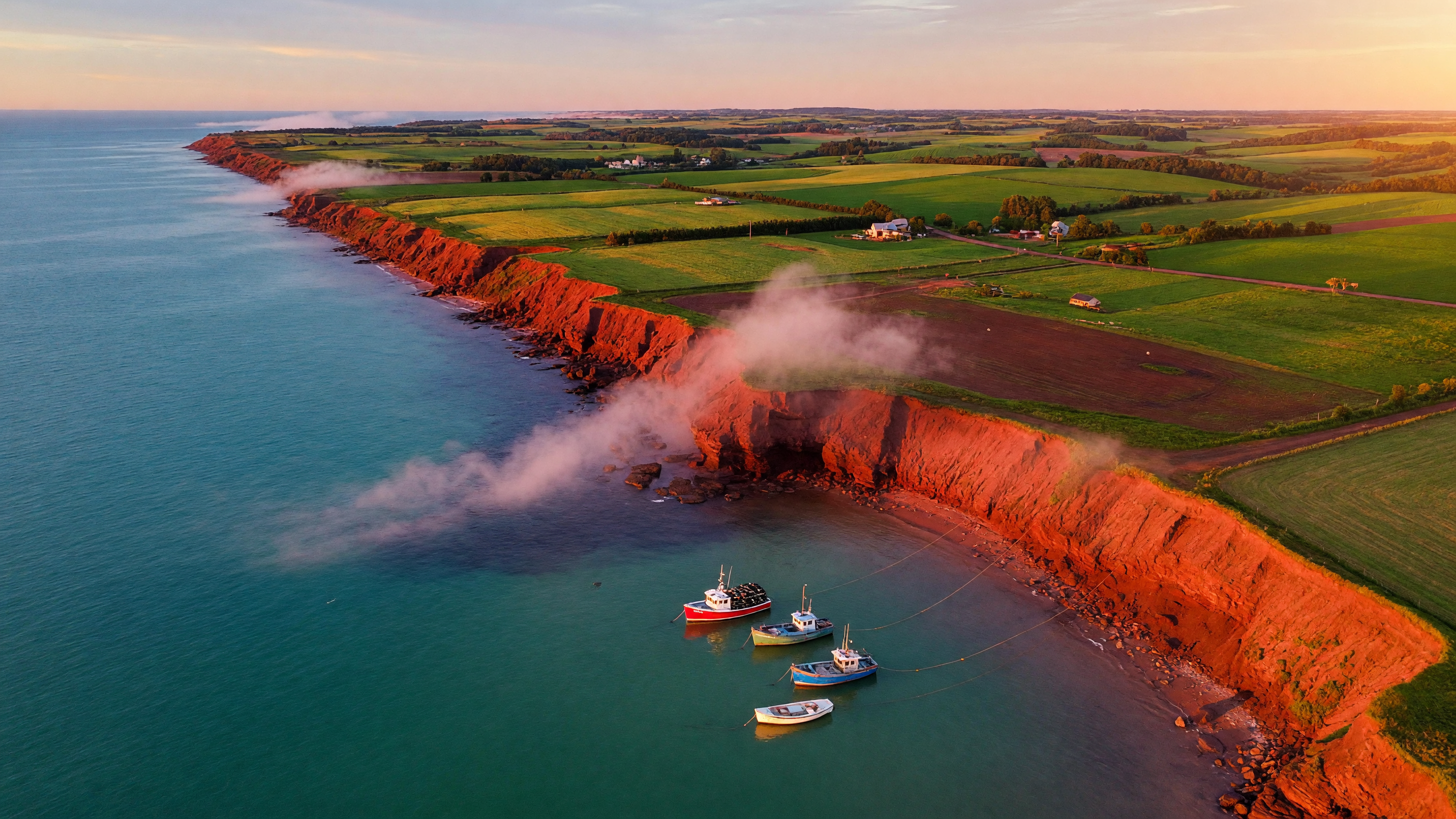 Prince Edward Island coastline at sunrise with red sandstone cliffs and turquoise waters