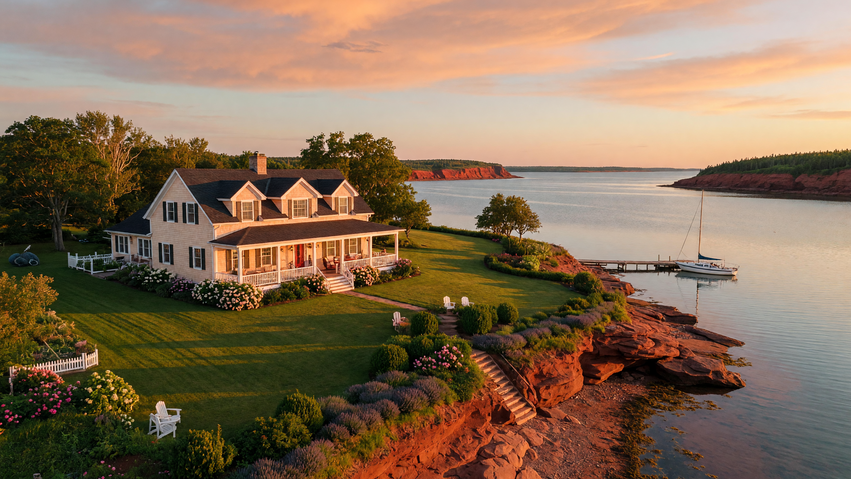 Beautiful waterfront home on Prince Edward Island at golden hour