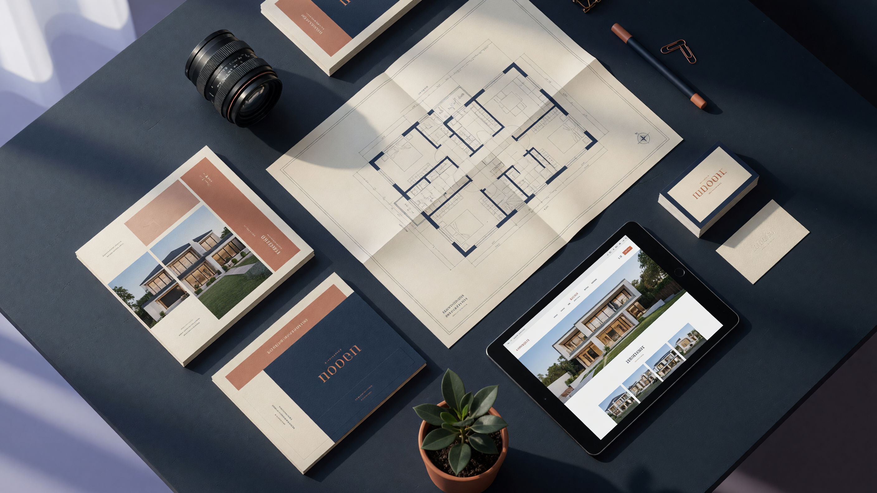 Professional real estate marketing materials and photography equipment arranged on a desk