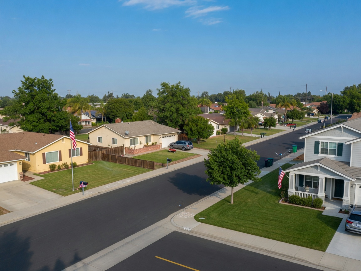 Quiet residential street in Olivehurst with modest single-family ranch homes on generous lots