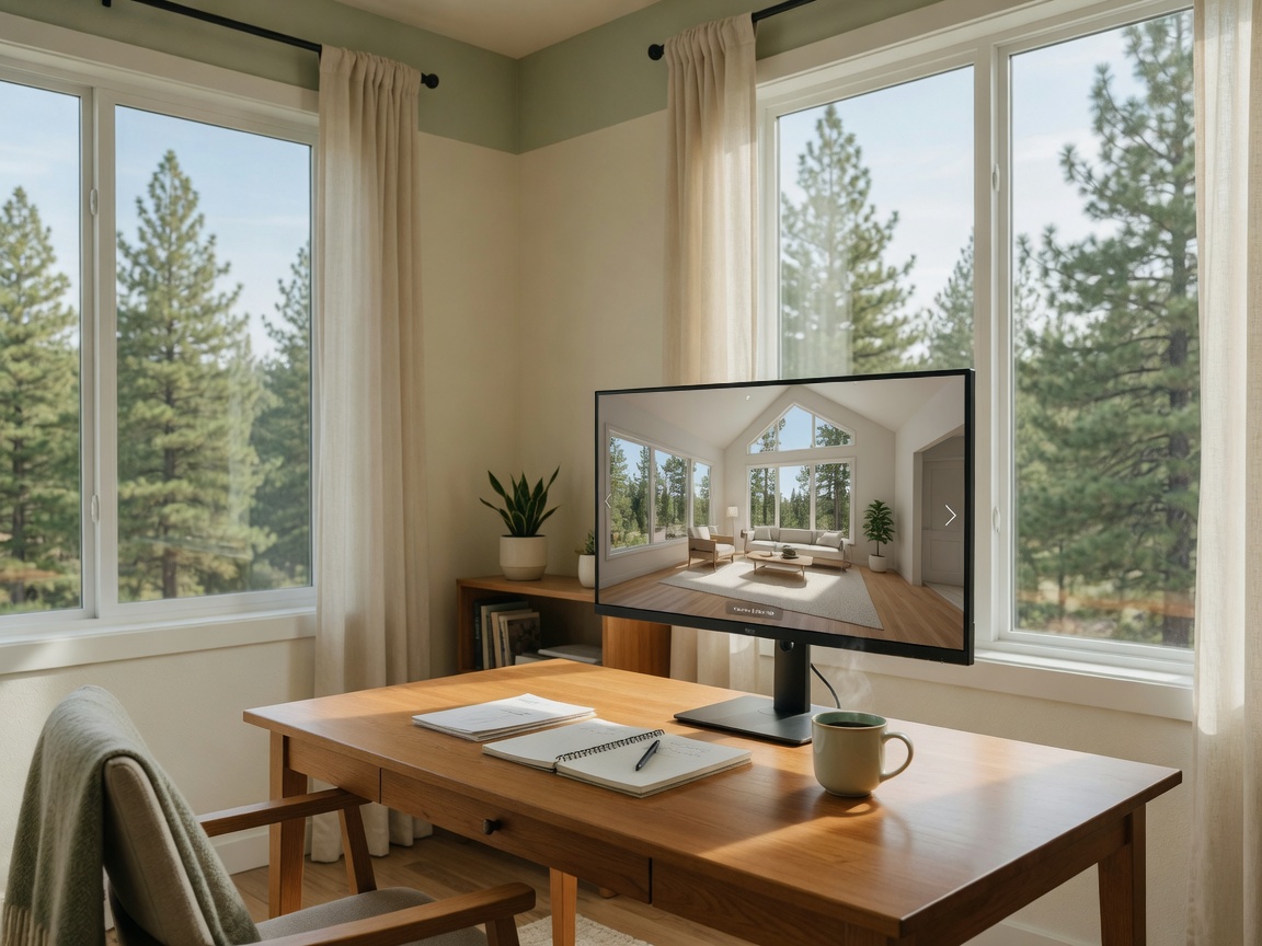 Virtual home tour being conducted from a home office, showing detailed walk-through of properties for military families
