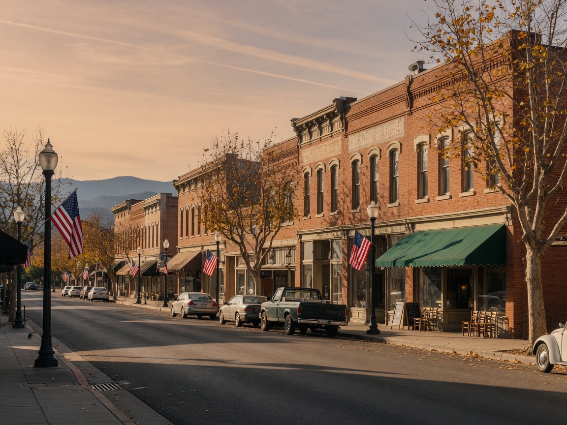 Historic downtown Marysville with preserved 19th-century brick buildings, lamp posts, and a charming Main Street atmosphere