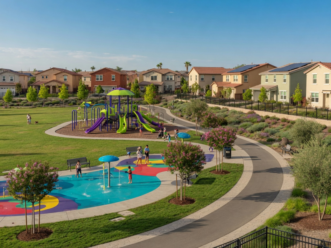 Plumas Lake community park with playground, splash pad, and walking trails surrounded by newer single-family homes