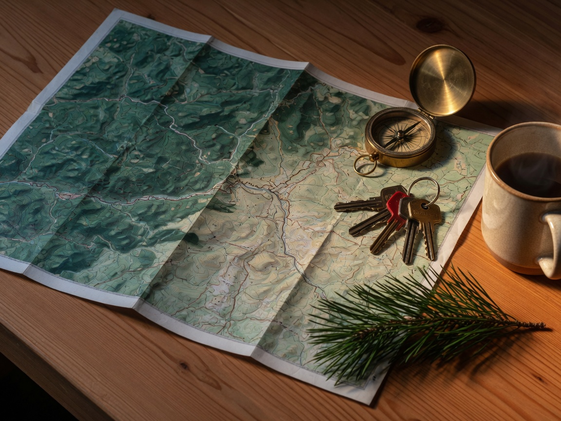 Topographic map and compass on a cedar desk representing military relocation planning