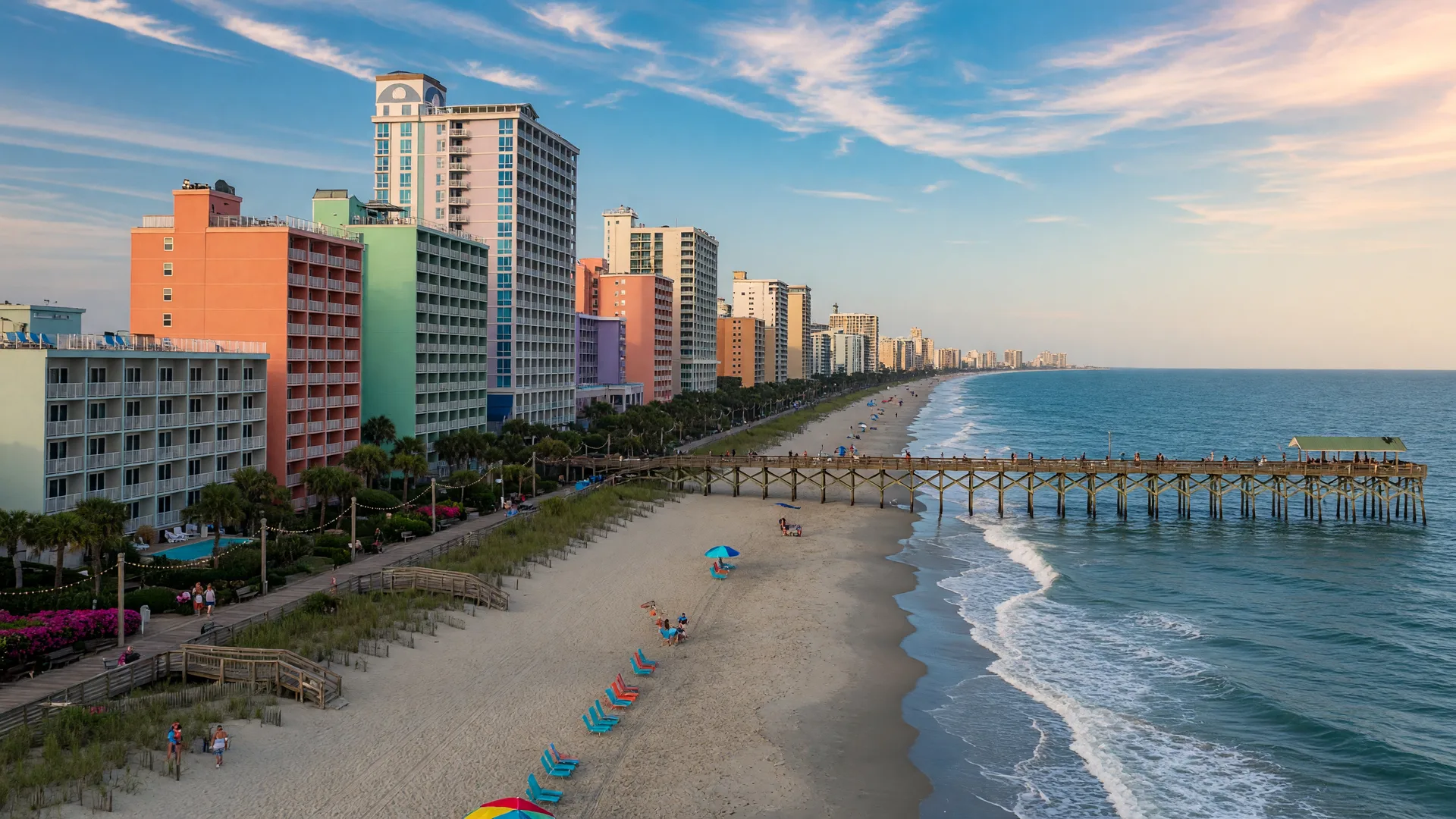 Myrtle Beach South Carolina oceanfront along the Grand Strand with beach, pier, and coastal skyline
