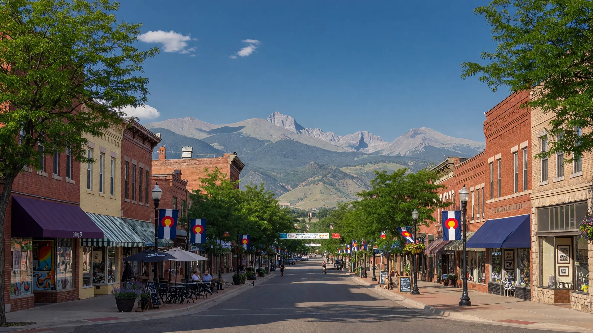 Loveland's historic downtown along Lincoln Avenue — local storefronts, art galleries, street-level shops and restaurants with the Rocky Mountain foothills visible in the background