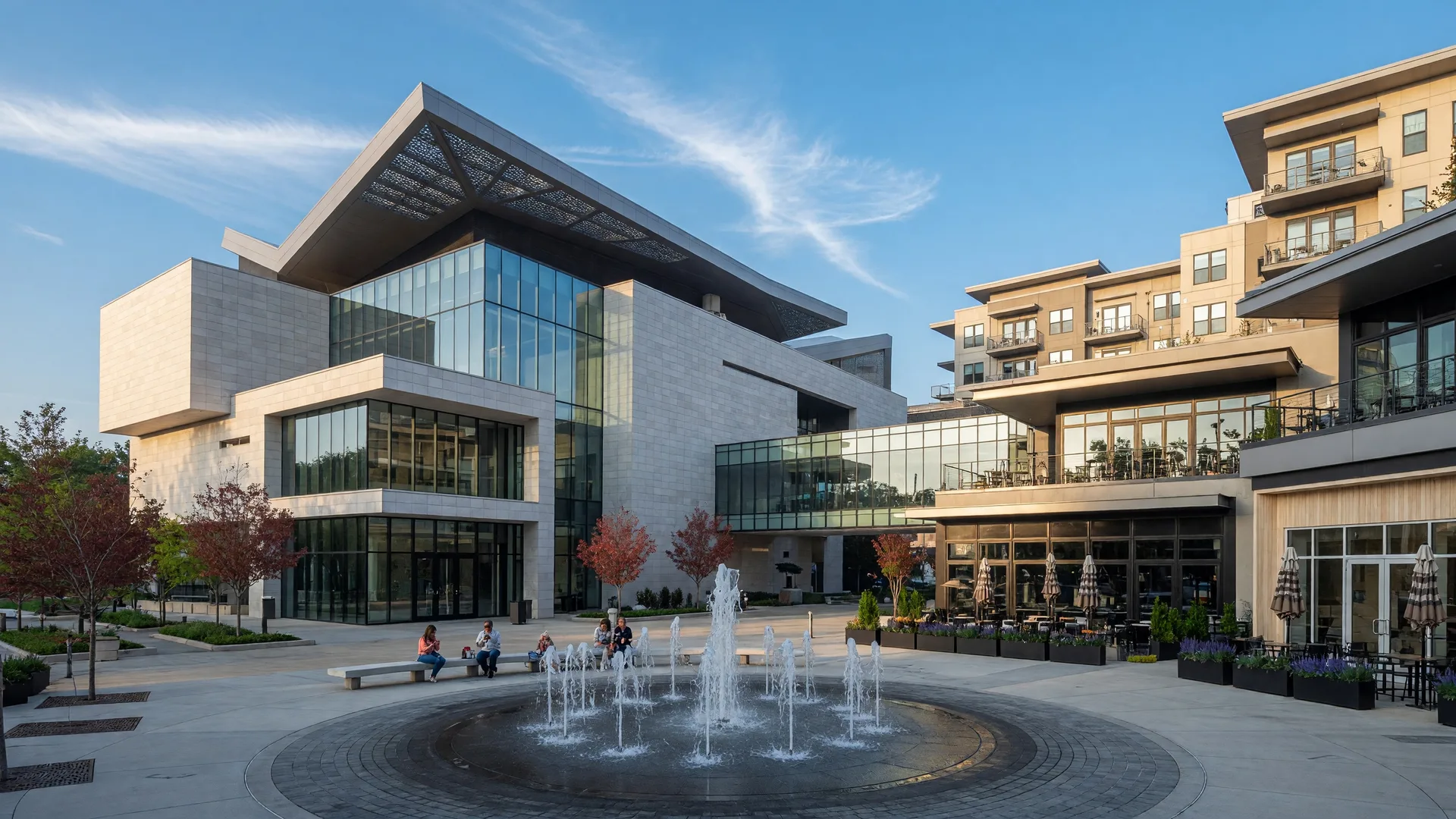 Sandy Springs' City Springs center with the modern performing arts center, civic plaza with fountain, and contemporary architecture