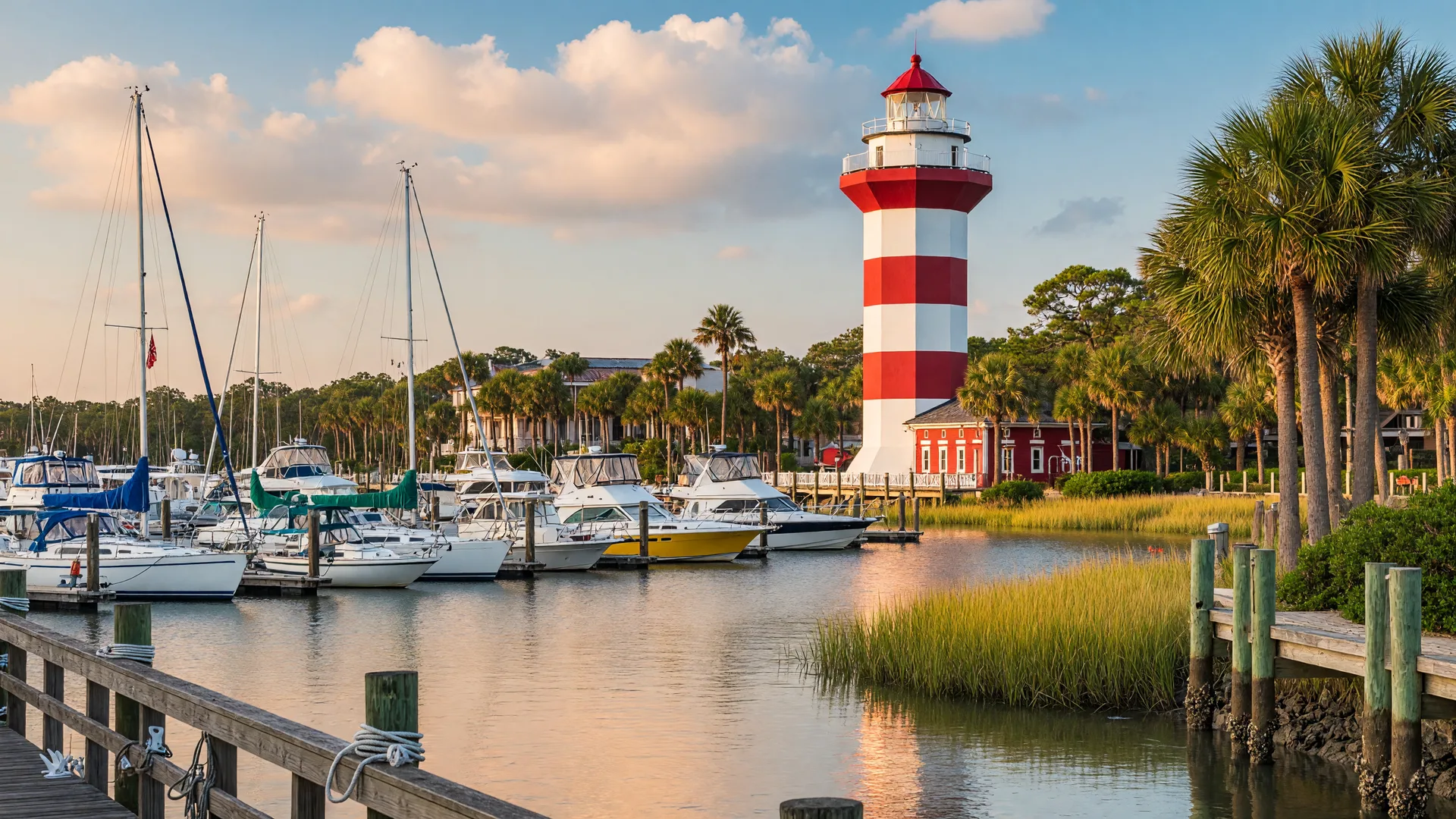 Hilton Head Island South Carolina beach with the iconic red and white striped Harbour Town Lighthouse and marina