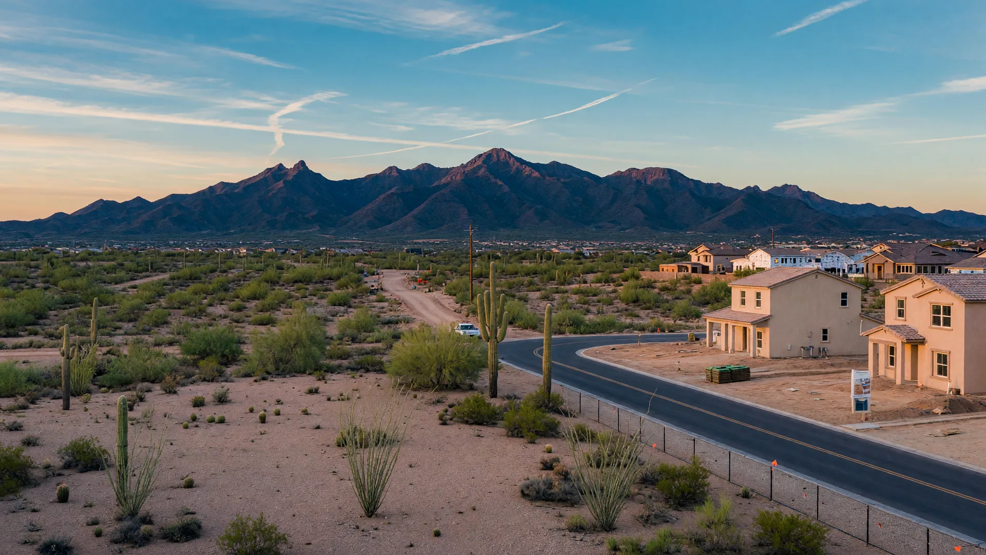 Buckeye's vast Sonoran Desert landscape with the White Tank Mountains in the distance, wide open terrain showing the frontier growth area