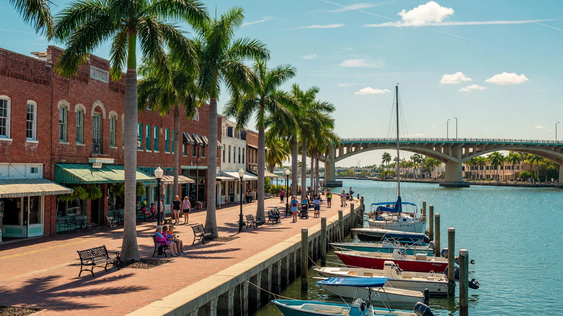 Fort Myers' historic River District along the Caloosahatchee River with palm trees, historic buildings, and the riverwalk at sunset