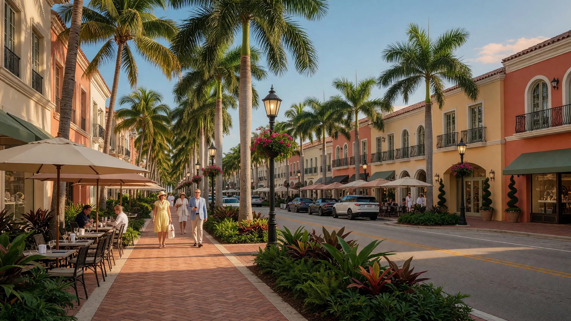 Fifth Avenue South in Naples, Florida — palm-lined upscale shopping and dining street with outdoor cafes, luxury storefronts, and Mediterranean architecture