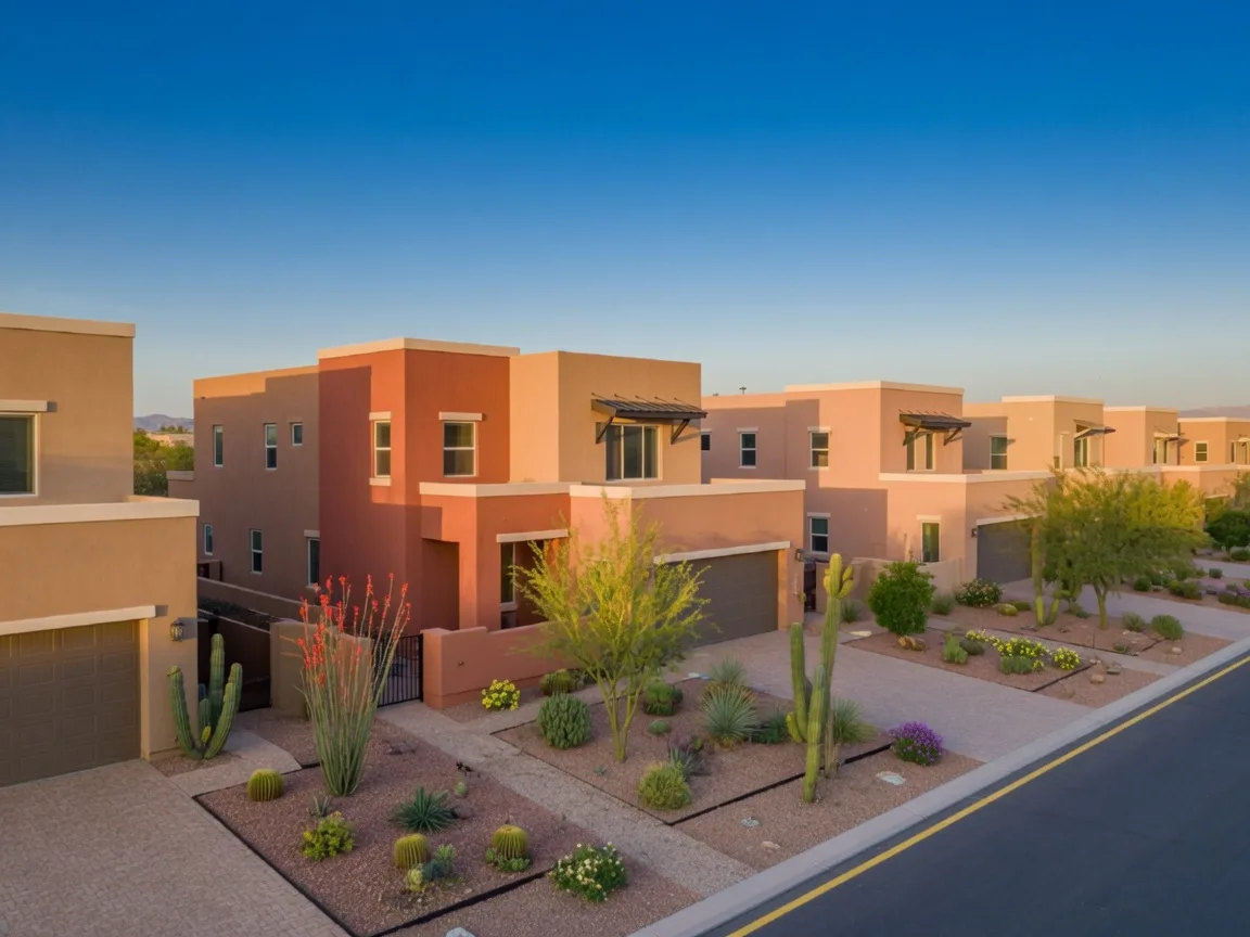 New construction homes in Peoria with stucco exteriors, New River Mountain backdrop, established desert trees, and northwest valley suburban community feel