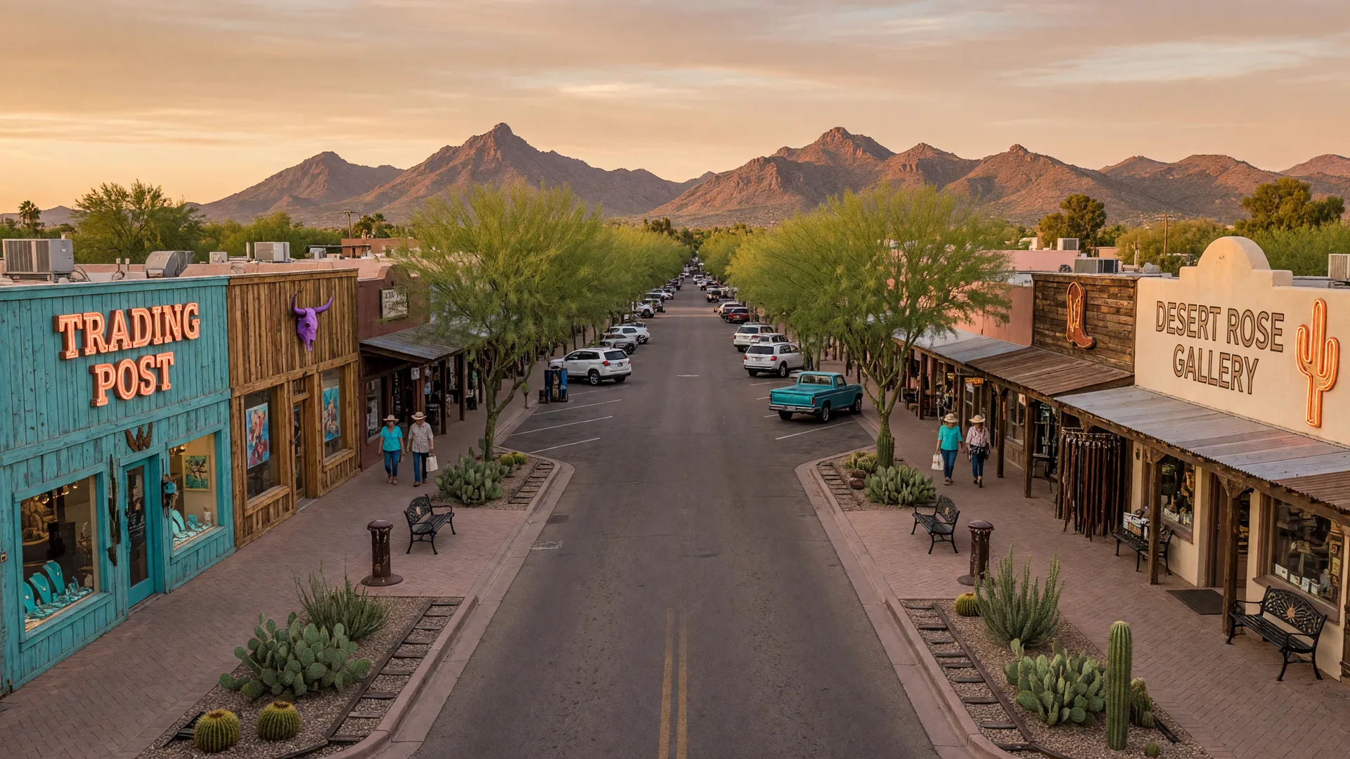 Mesa downtown main street area with the Usery Mountain and Superstition Mountains visible in the background, small-city desert downtown feel