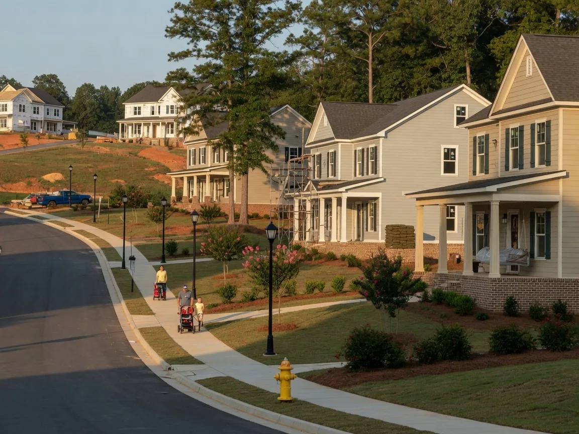 New construction traditional and craftsman-style homes in Buford with rolling terrain and mature trees