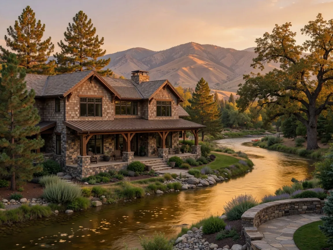 Luxury craftsman estate home in Eagle, Idaho with Boise River proximity, mature trees, and foothills views