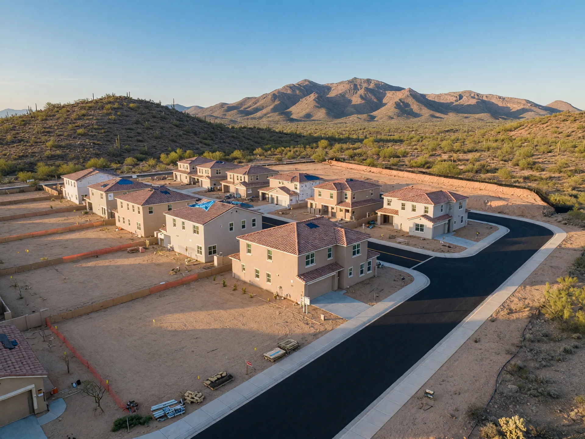 Brand new construction neighborhood in Buckeye with freshly built stucco homes in raw desert terrain and the White Tank Mountains in the distance