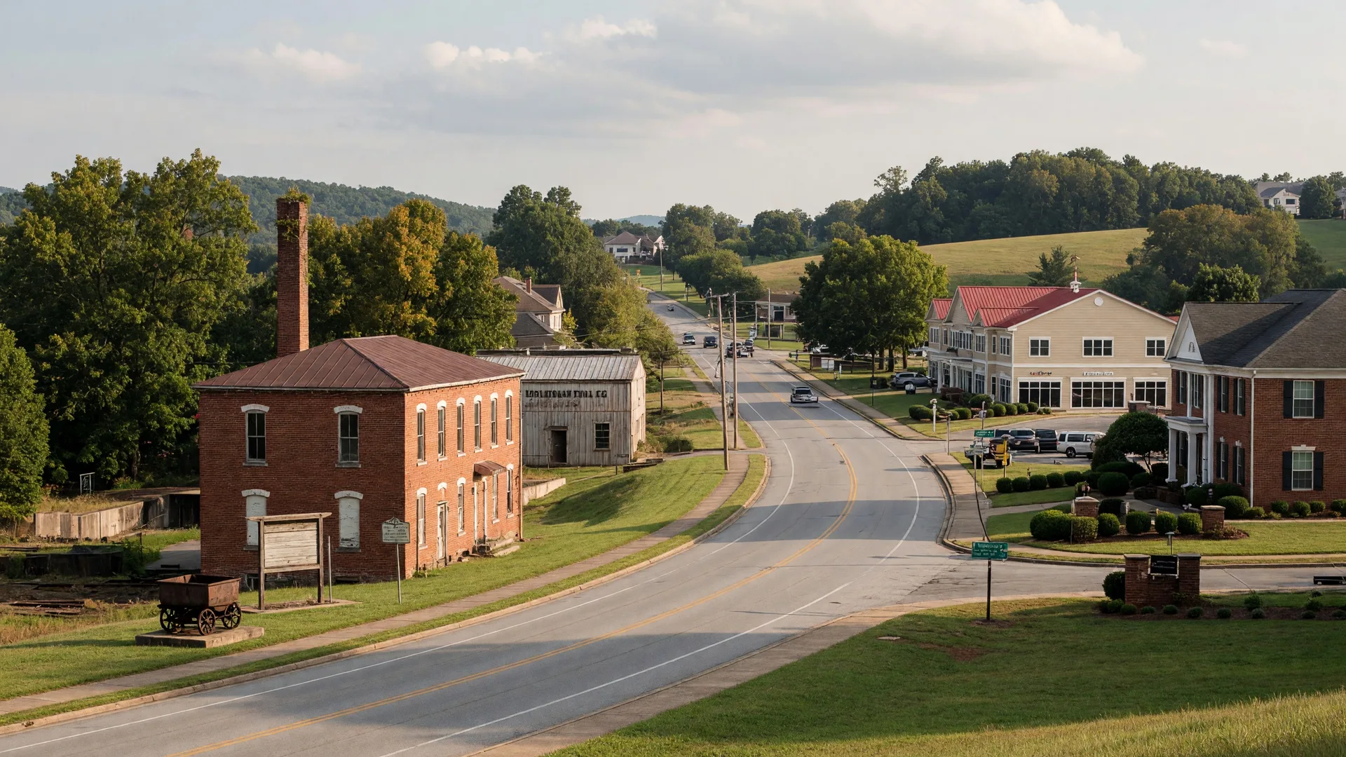 Midlothian Virginia along the Midlothian Turnpike corridor showing a mix of historic coal mining heritage buildings and modern suburban development, rolling hills, and mature trees